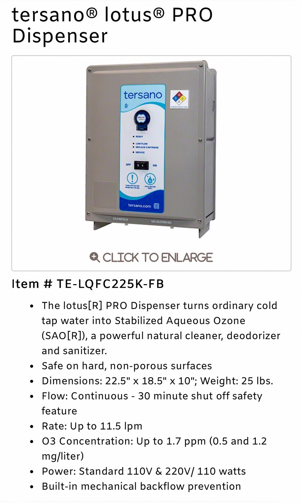 Tersano Lotus Pro Dispenser LQFC225K High Capacity