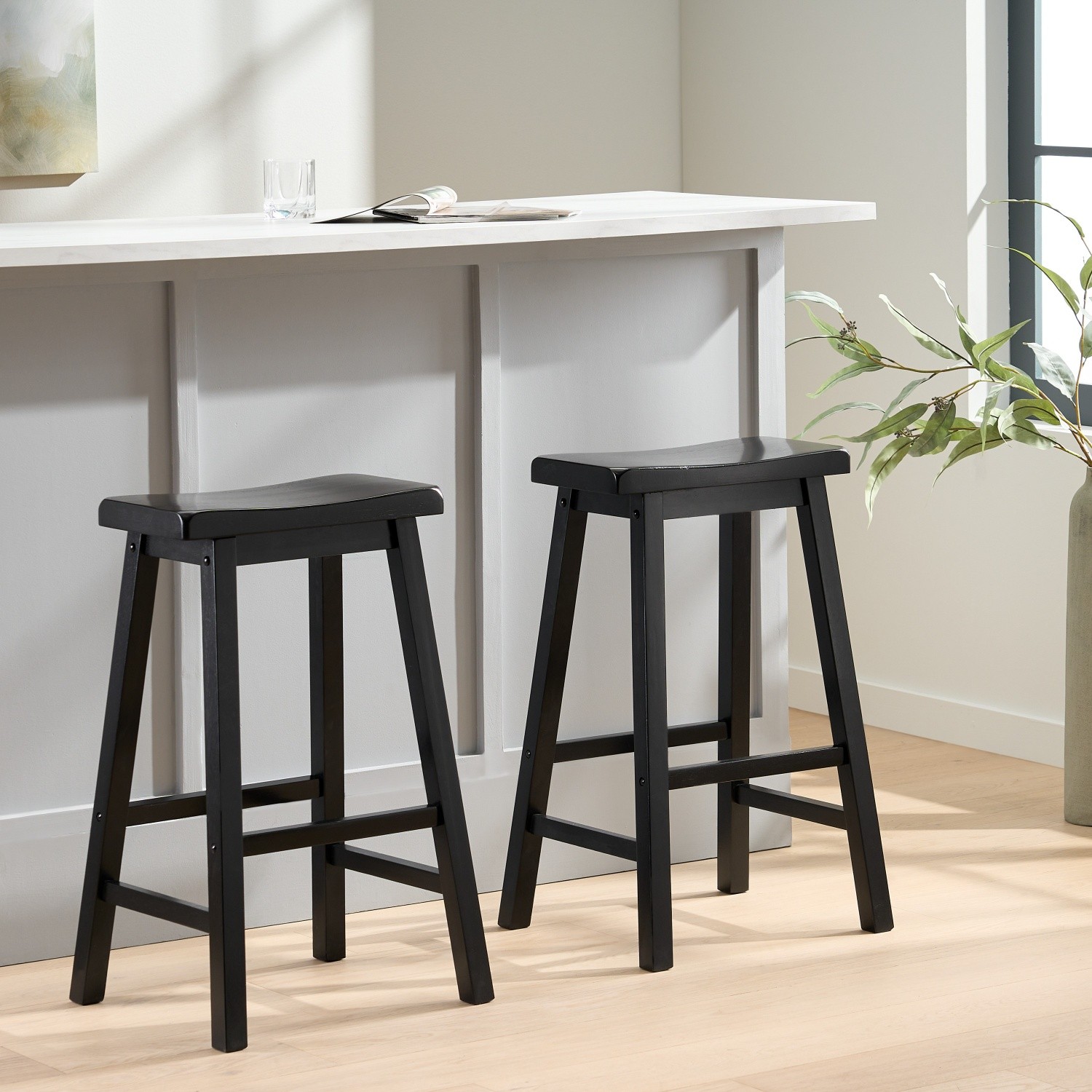 Black Wood Saddle Bar Stools Set of 2 Kitchen Island Counter Height Barstools