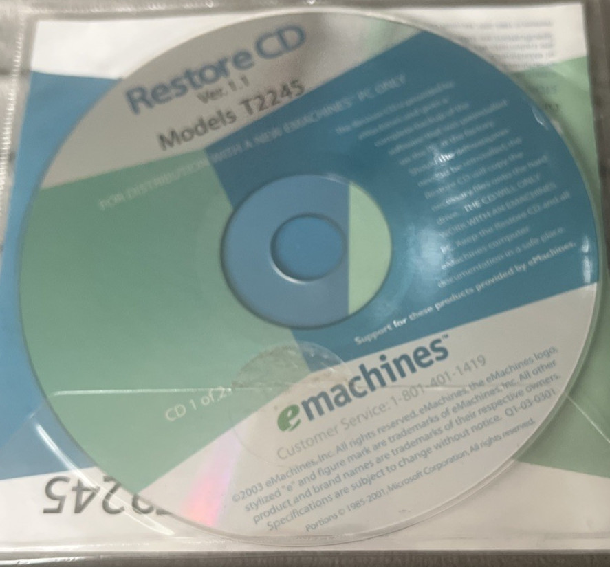 eMachines Restore CD T2245 Version 1.1 Models T2245- 2 Disc Set for Desktop PC