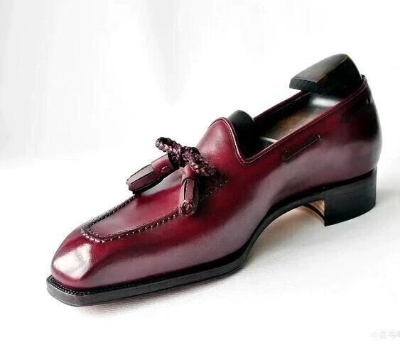 Latest Handmade Genuine Leather Tasseled Slip On Burgundy Formal Shoes For Men