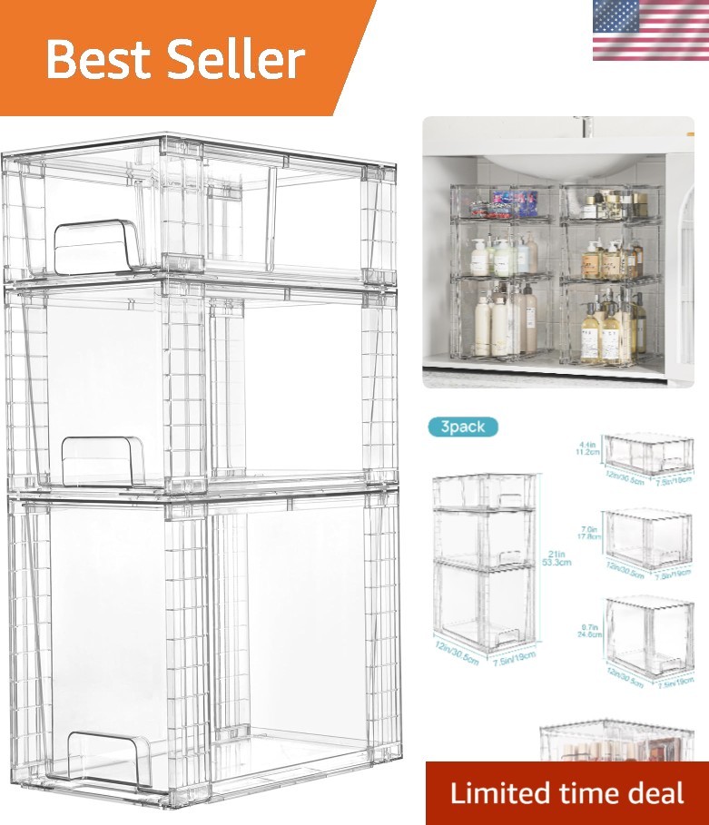3 Pack Clear Stackable Storage Drawers,Easy to Assemble Bathroom Organizers a...