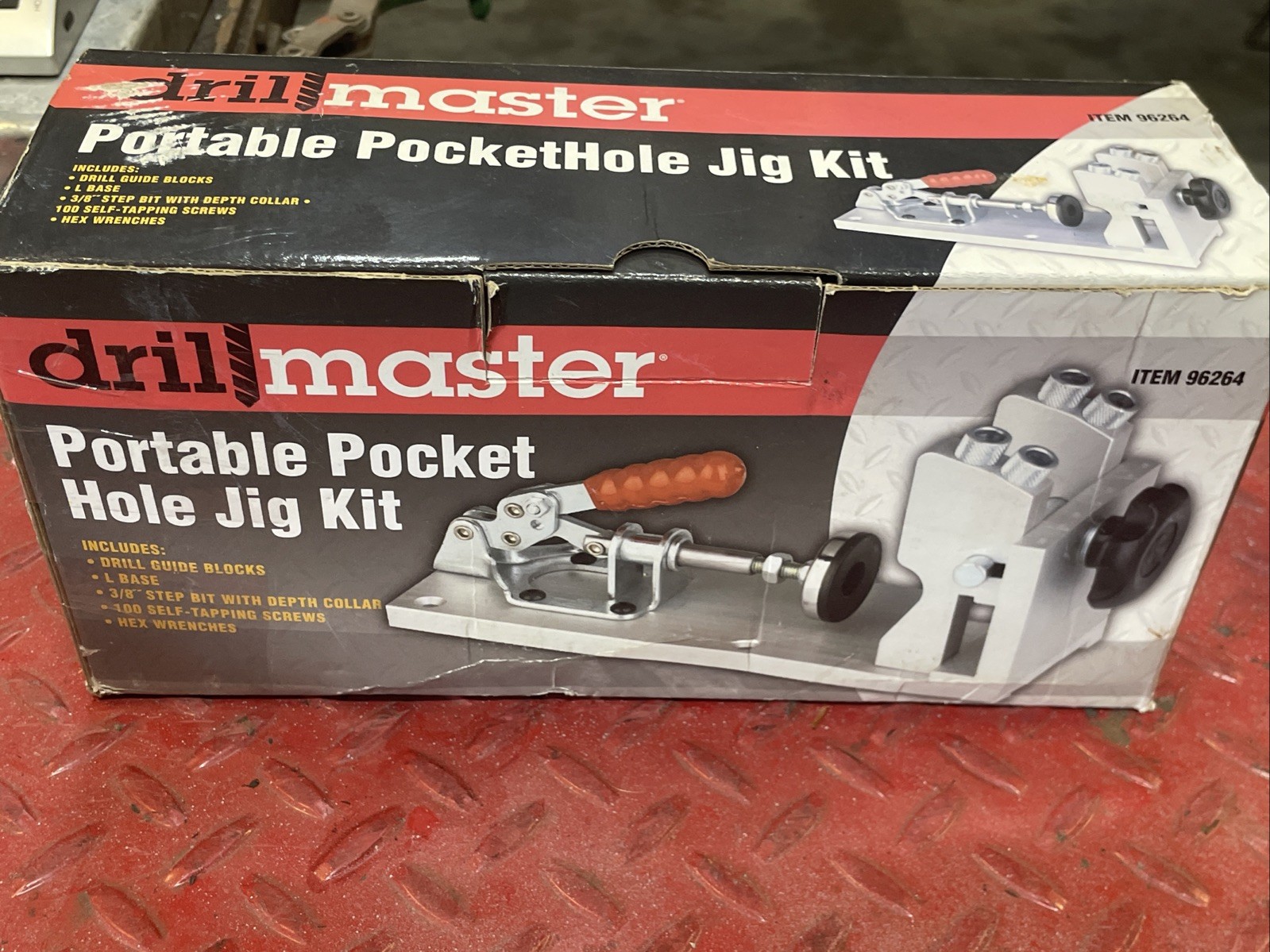 Drill Master 96264 Portable Metal Pocket Hole Jig Kit for Drill, Silver Red
