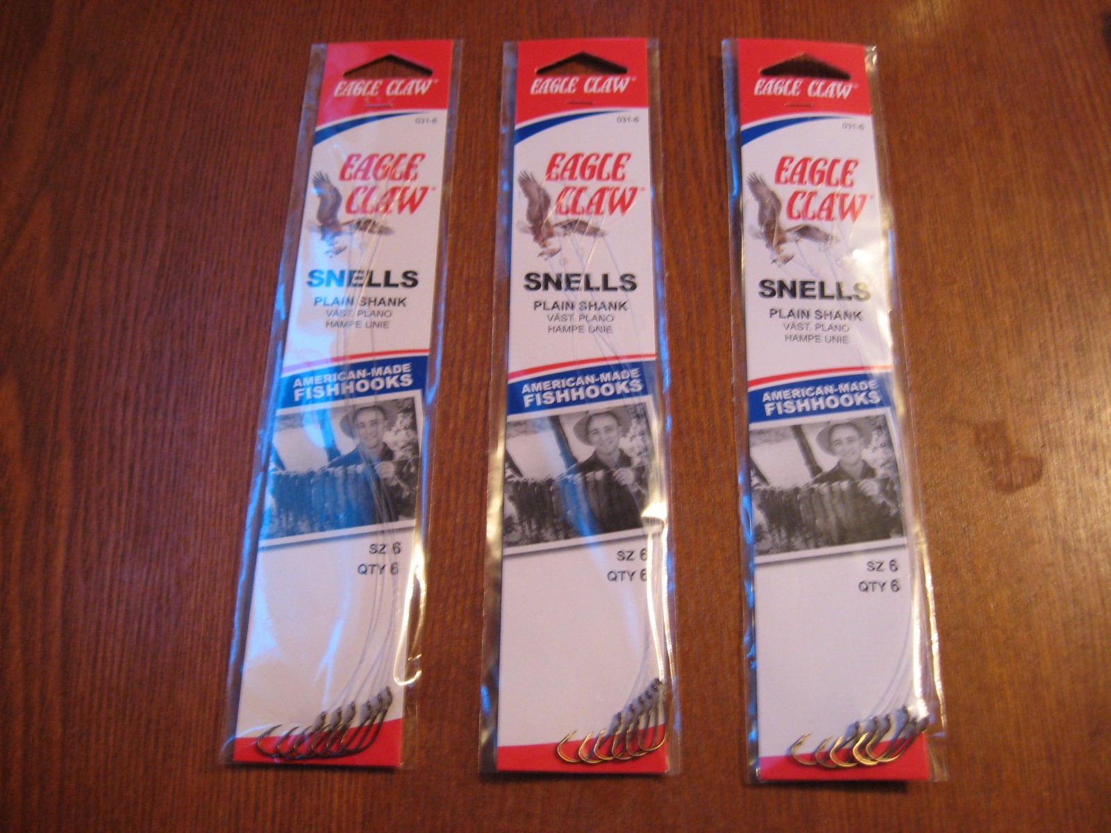 18 Snelled Eagle Claw # 031 Bronze Plain Shank Fishing Hooks, Size 6