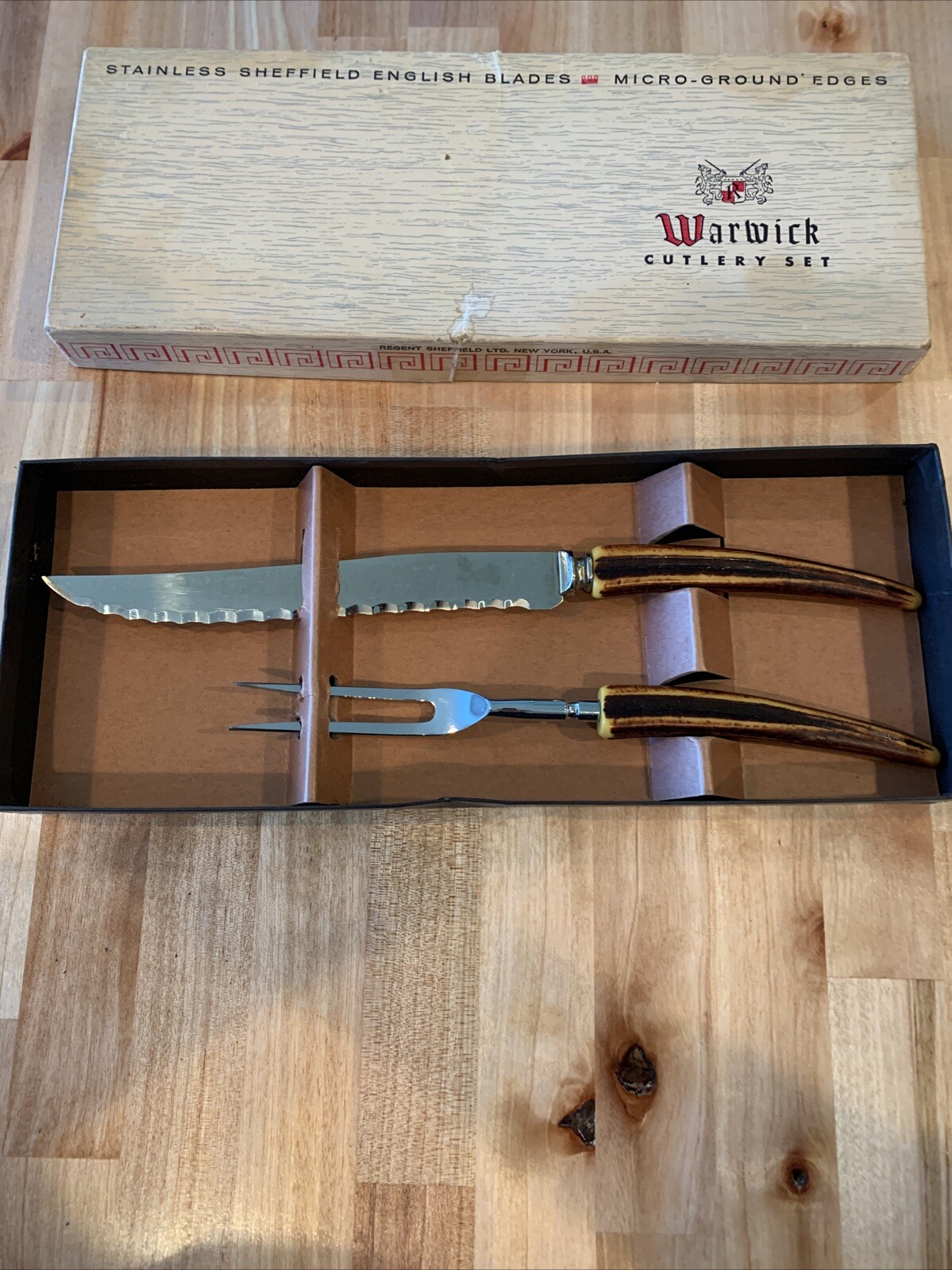 Vtg MCM Warwick Cutlery Set Stainless Sheffield English Blades Faux Stag