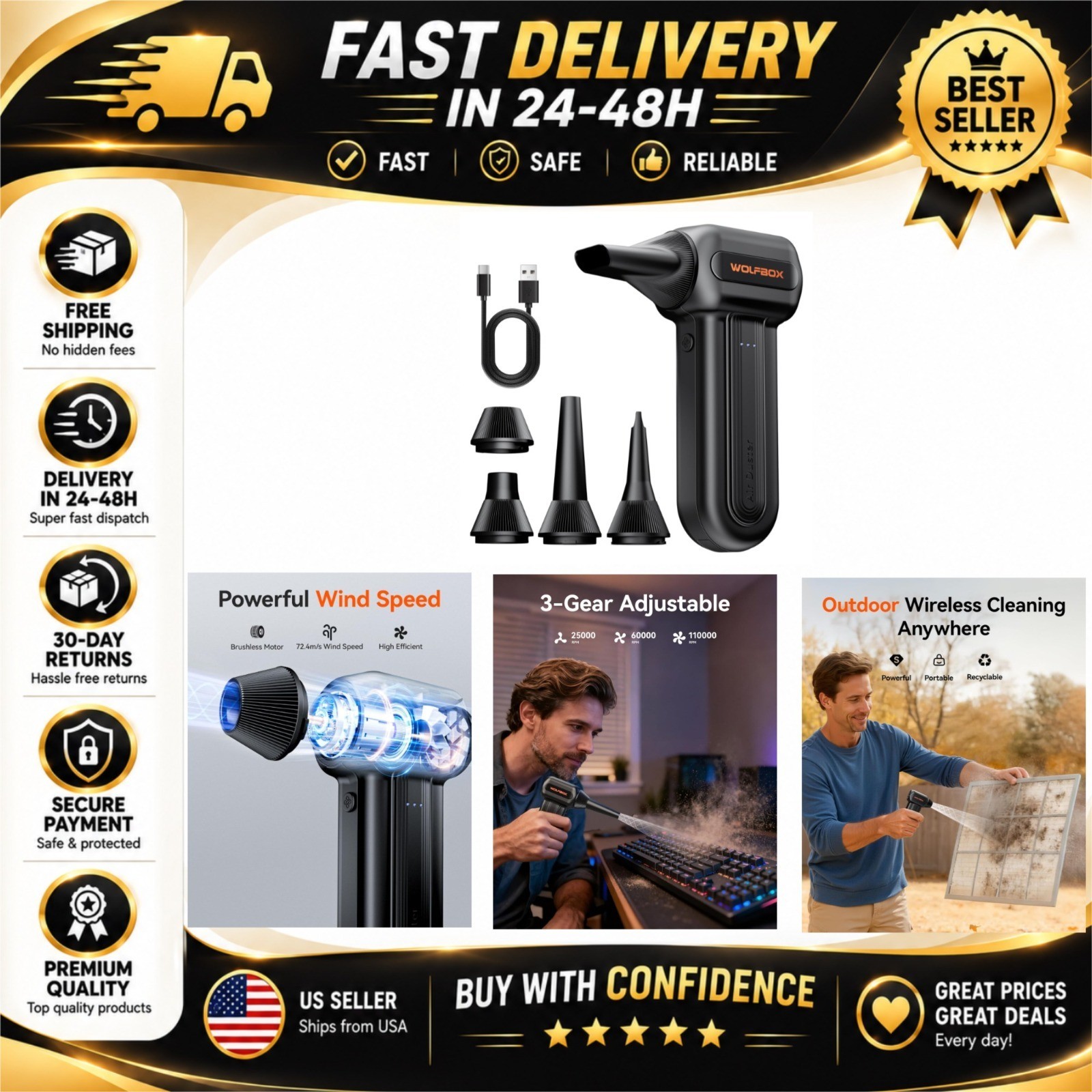 WOLFBOX MF60 Electric Air Duster, 3-Speed Rechargeable Cleaning Tool