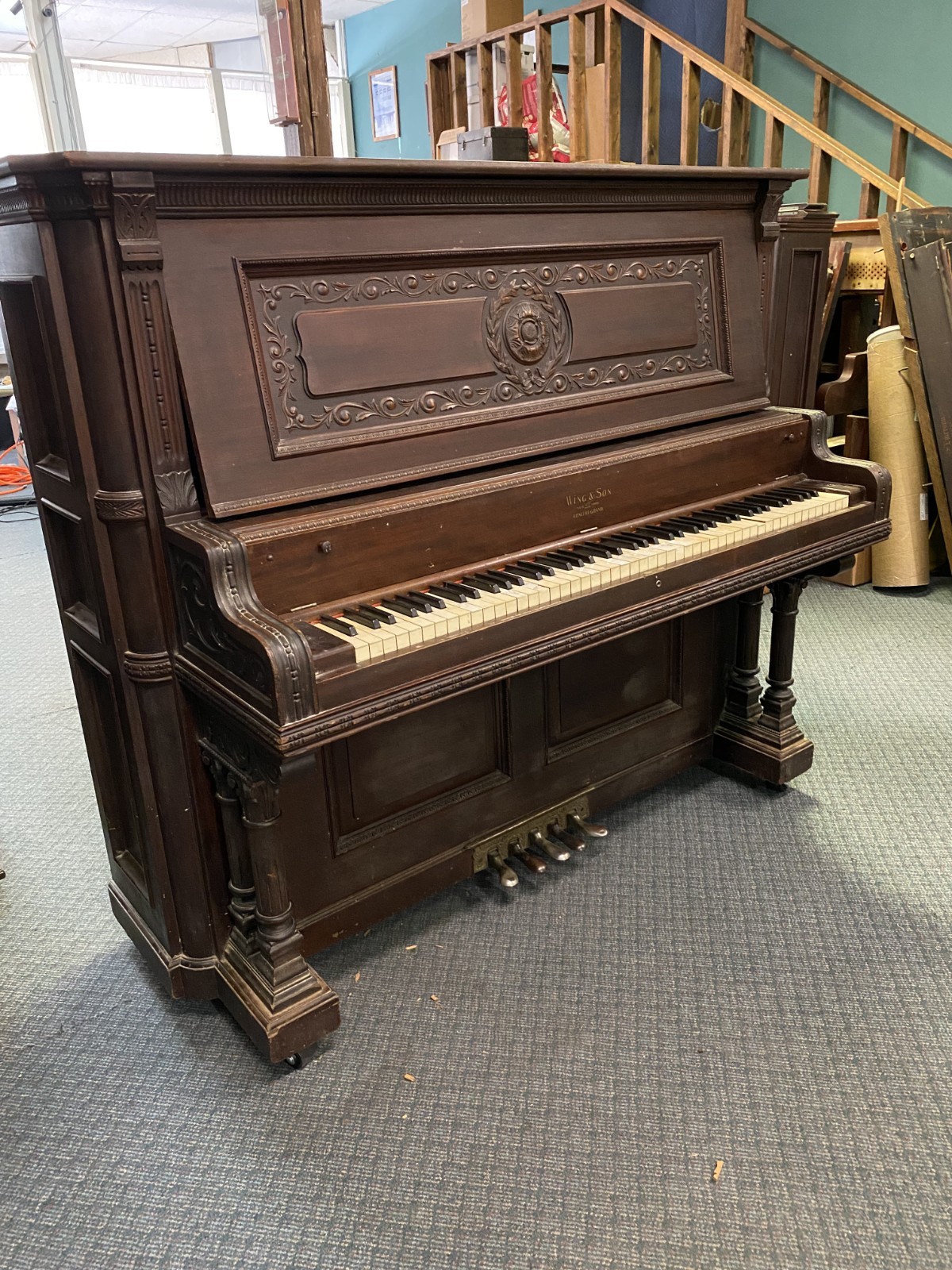 Rare Wing & Son 5-Pedal Upright Piano Ornate Cabinet Restoration Candidate