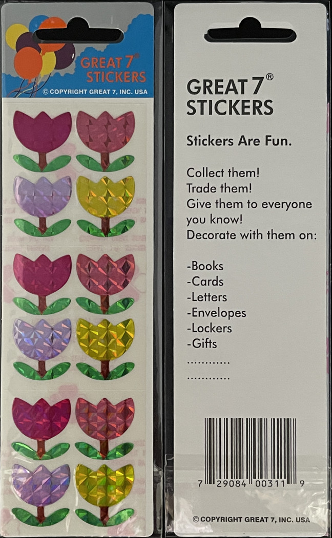 12 packages of Prismatic Tulip Stickers, "Great 7" Sticker Designs, PPZ5001