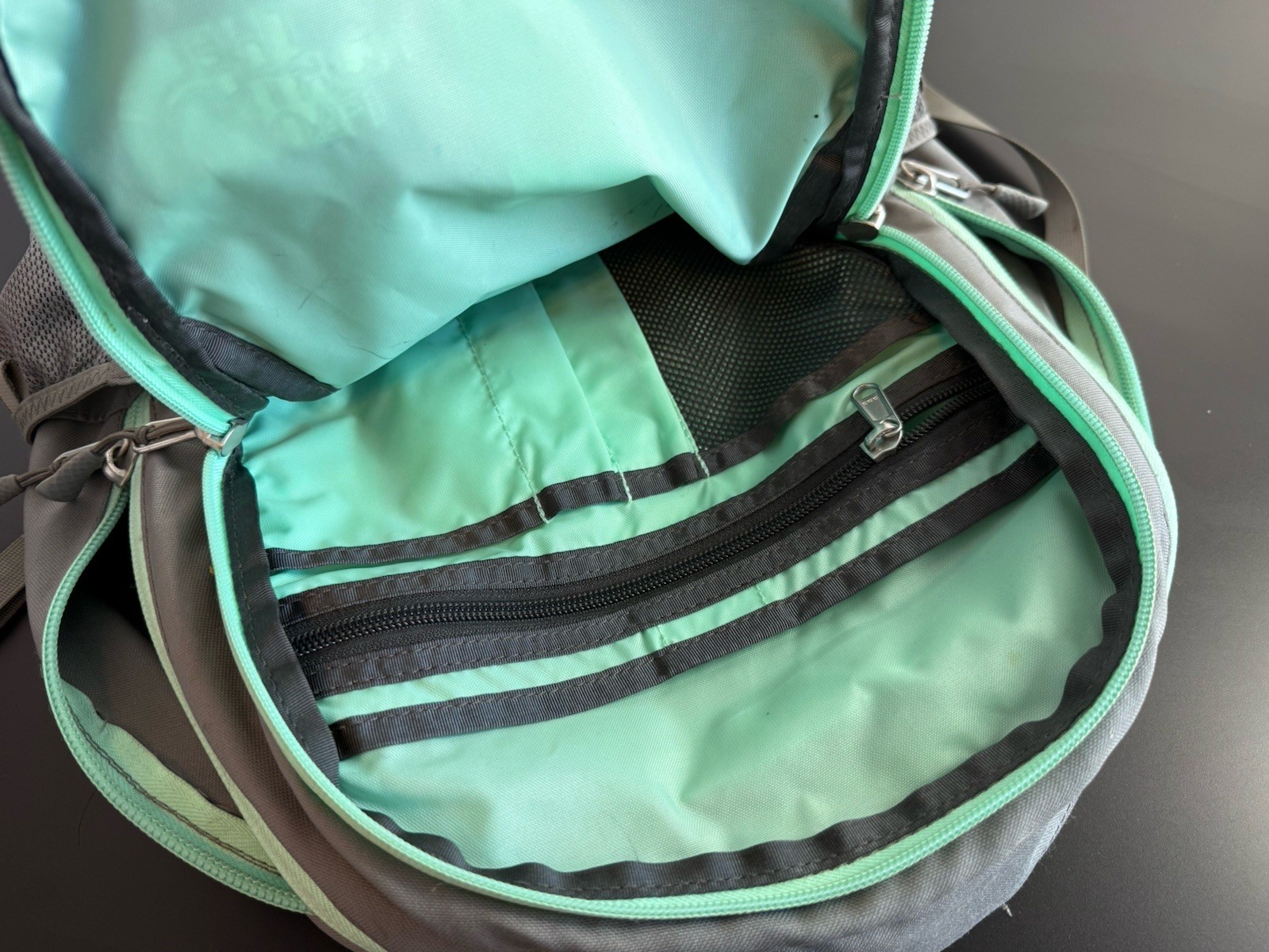 The North Face Jester Backpack Gray Green Hiking School Adjustable Straps