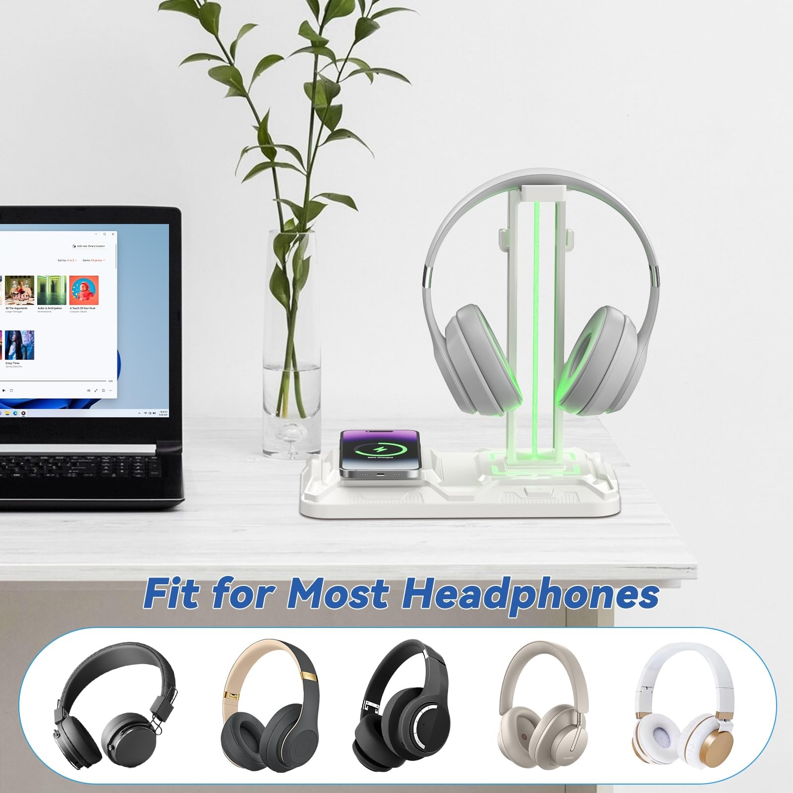 KDD RGB Headphone & Controller Stand with Wireless Charging - Rotatable White