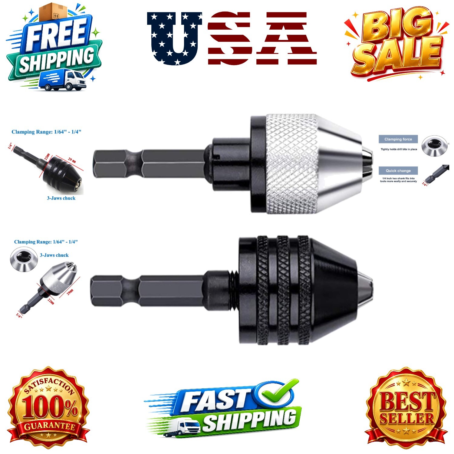 Keyless Chuck Adapter for Impact Driver - 2Pcs Impact Drill Adapter 1/4 Hex S...