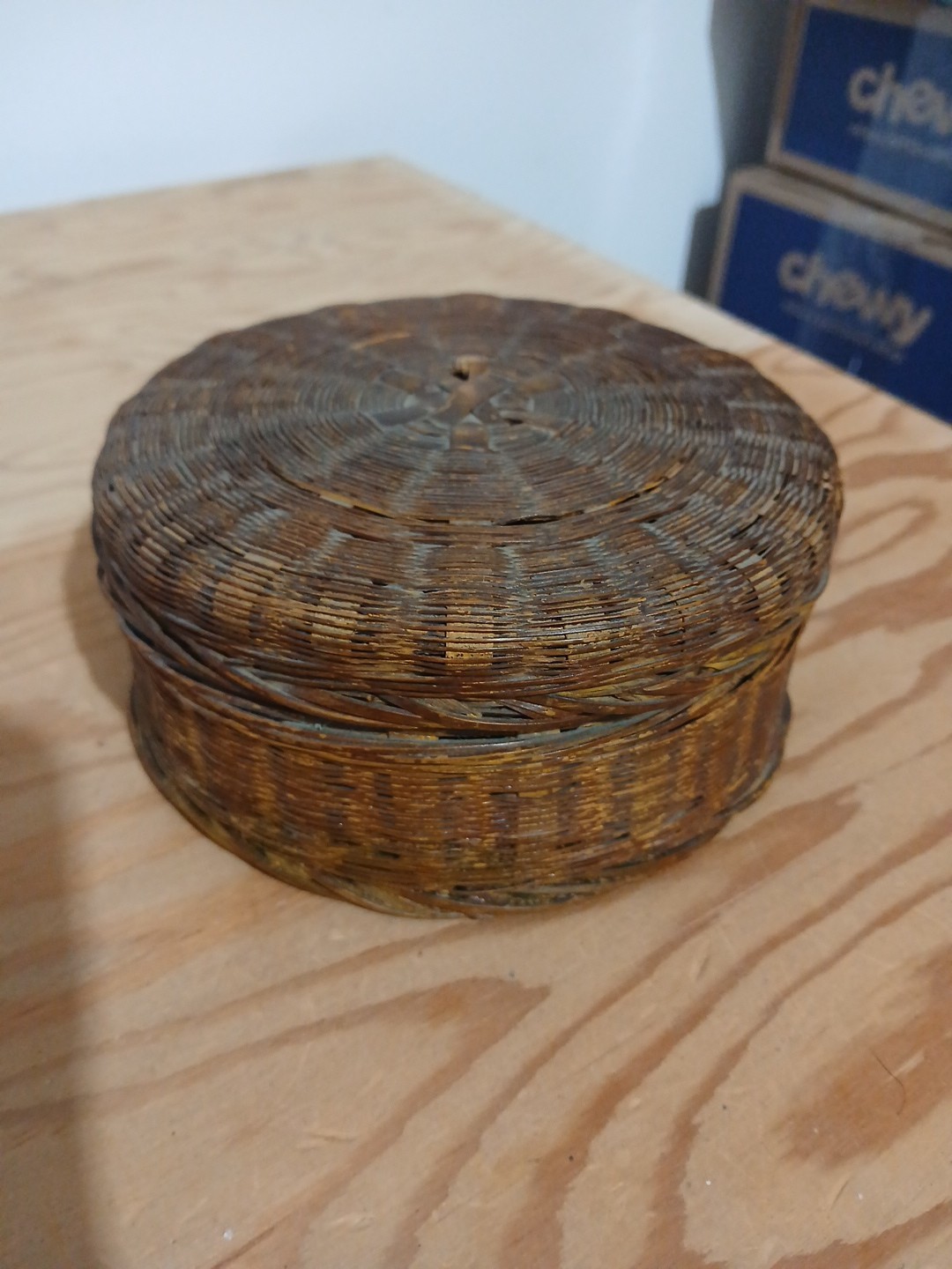 Antique Woven Wicker Sewing Or Storage Basket With Lid