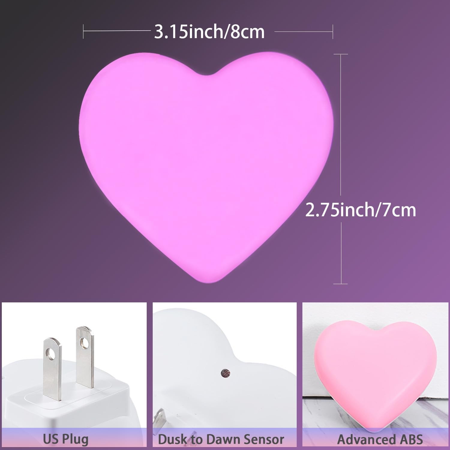 Cute LED Night Lights with Auto Sensor, 2-Pack Pink for Kids' Rooms