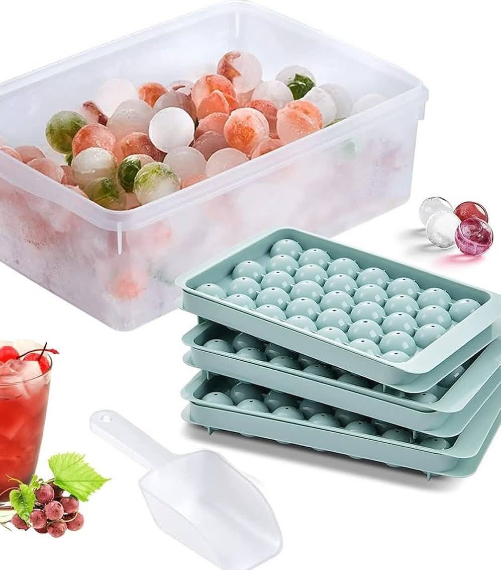 Round Ice Cube Tray Maker Set with Storage Bin and Scoop - 33 Grids, BPA-Free