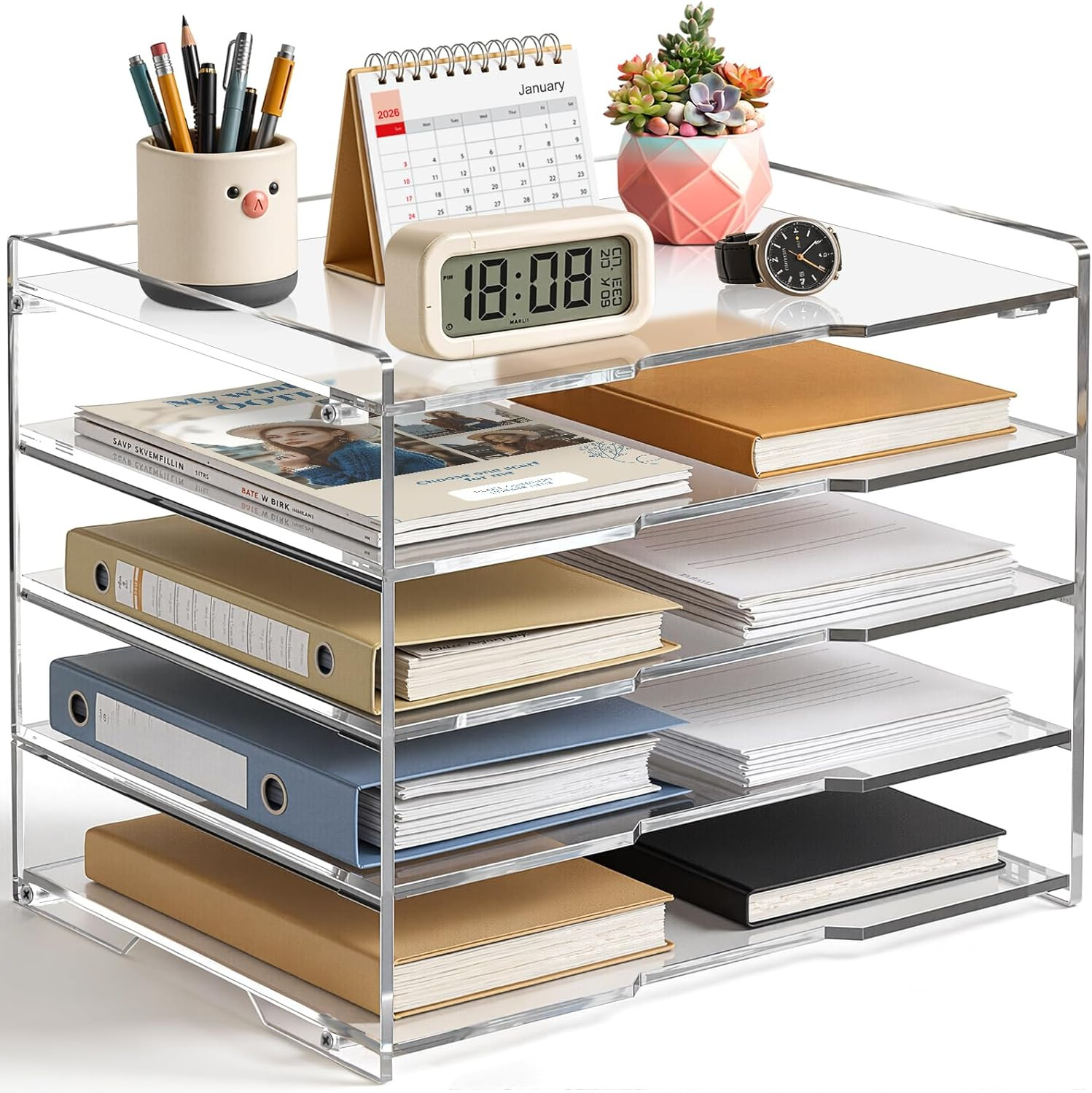 5 Tier Clear Acrylic Desk Organizer, Letter Tray Paper File Desk Organizer and A