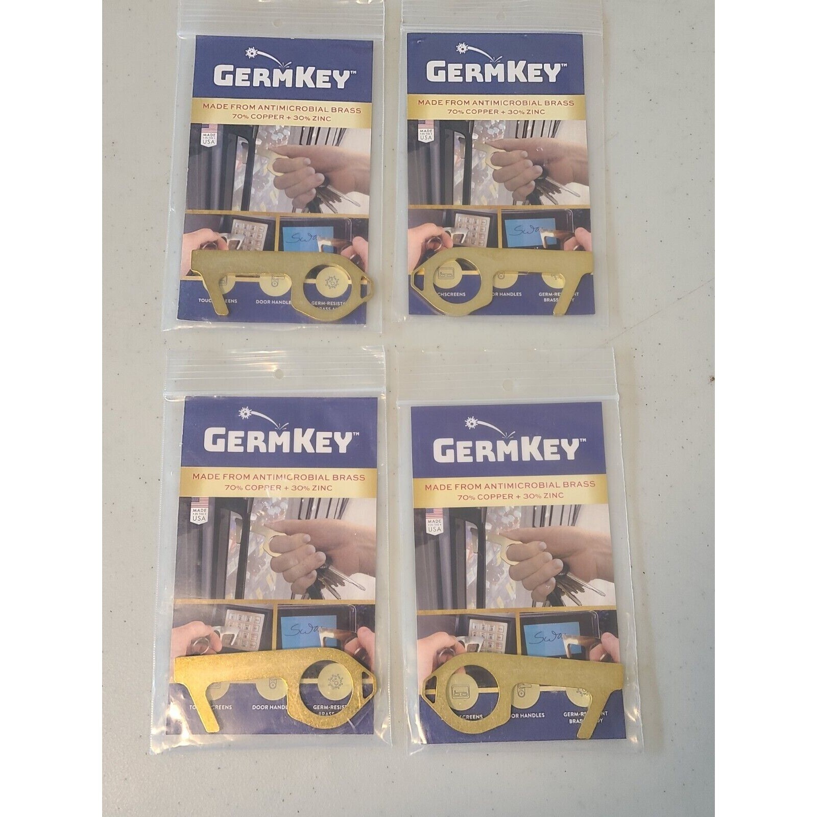 Germ Key Keychain Door Opener No Touch Antimicrobial Brass Bathrooms  LOT of 4