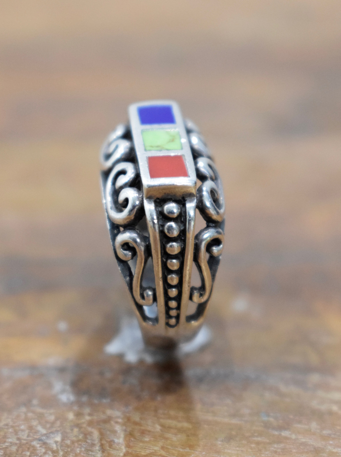 Ring Sterling Silver Inlaid Ornate Stone Ring