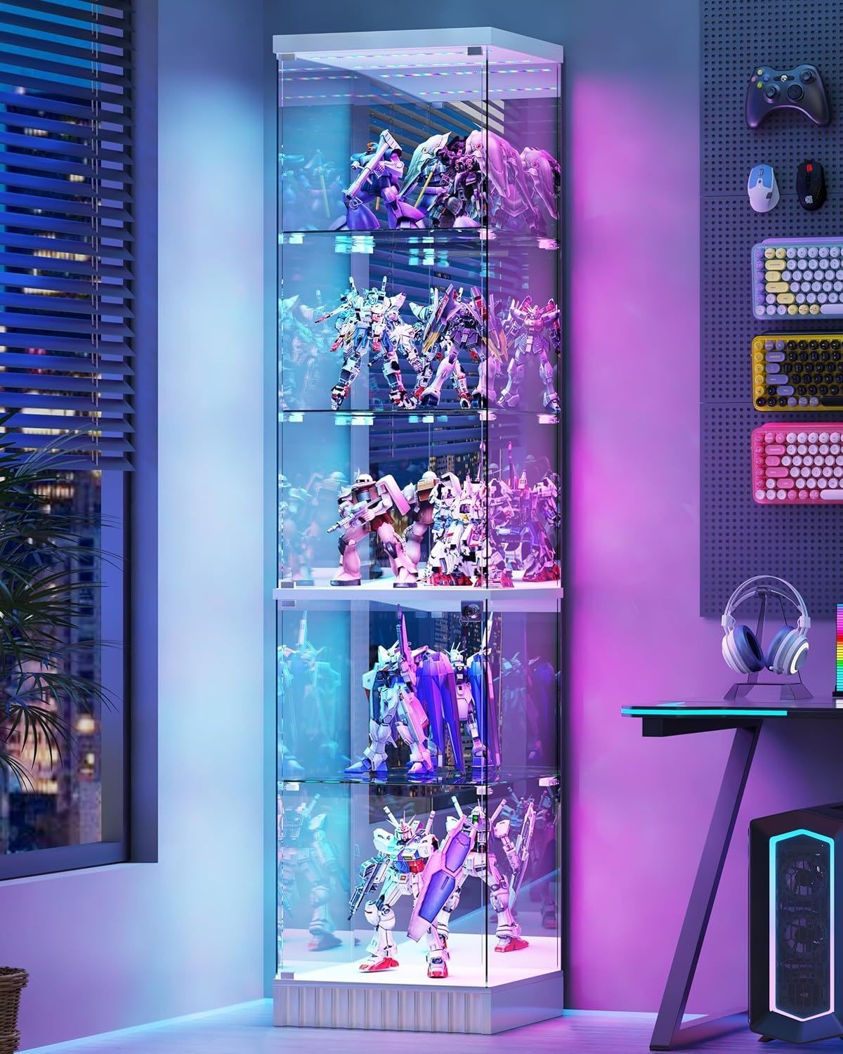 White Display Cabinet with RGB Lights, Corner Curio Cabinets with Glass Doors