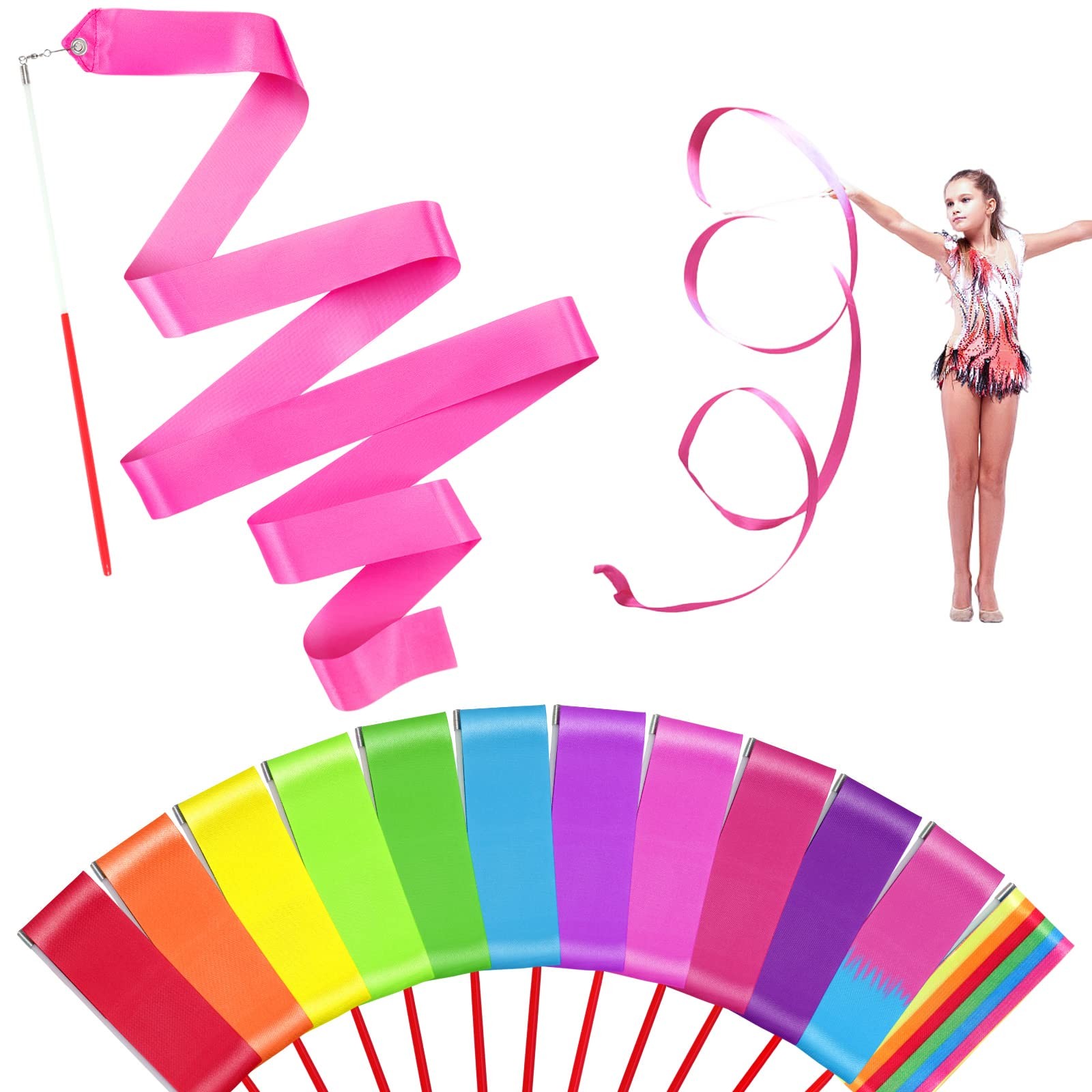 HiUnicorn 12PCS Rainbow Dance Wands Ribbon Streamers for 12 Pack-12 Colors
