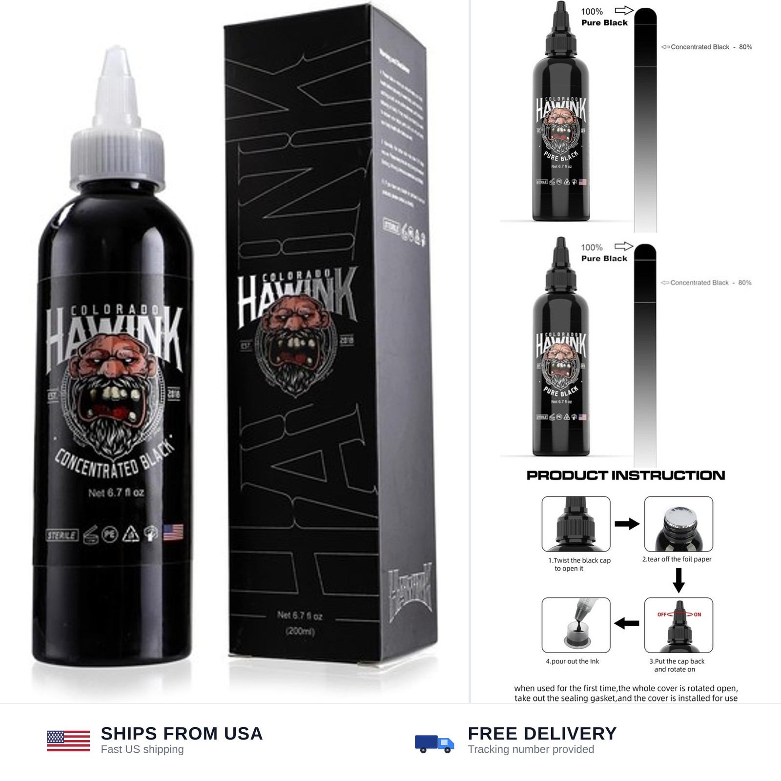 Hawink Tattoo Ink 6.7oz (200ml) Vegan-Friendly USA Standard Pigment Concentra...