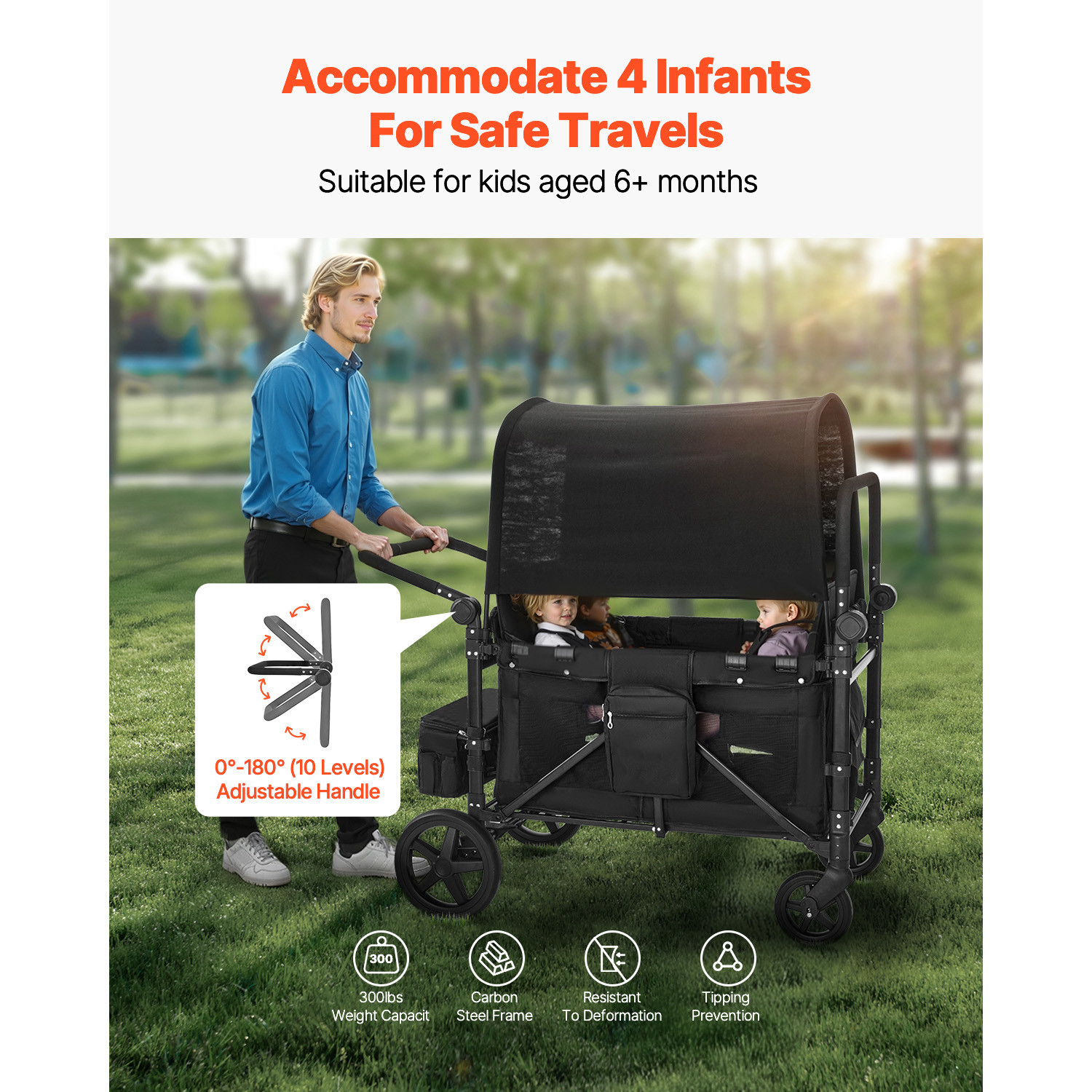 Wagon Stroller 4 seater Push Pull Quad Collapsible Stroller 330LBS with Canopy