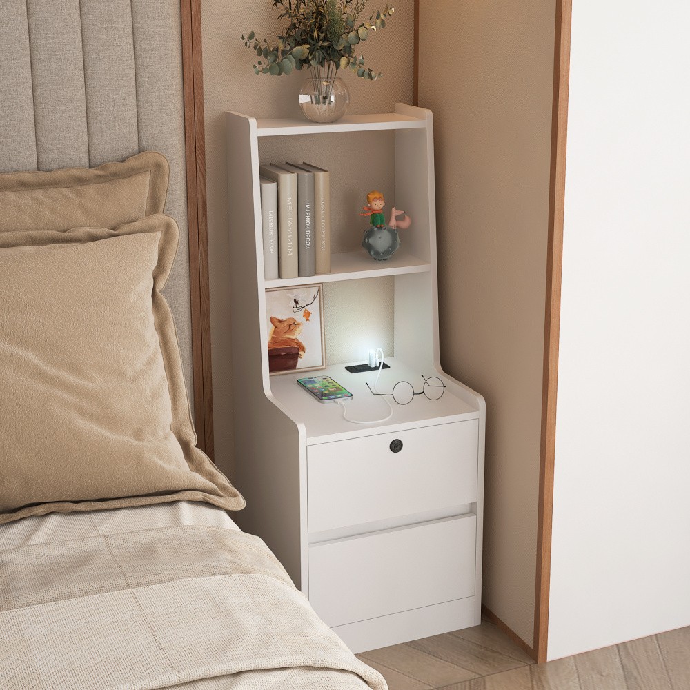 Bedside table with charging station, night light, bookshelf, and storage cabinet