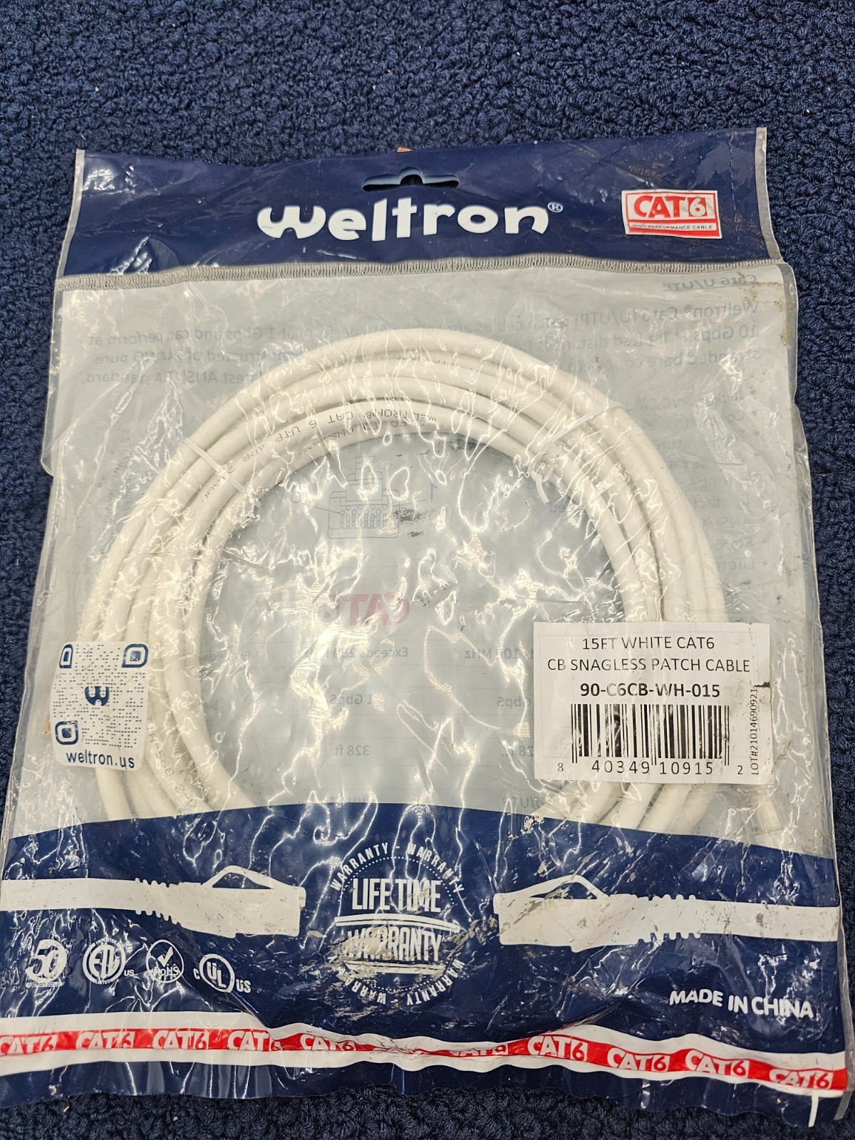 WELTRON 90-C6CB-WH-015 Cat6 Clear Easy Tab Patch Cable, 15', White