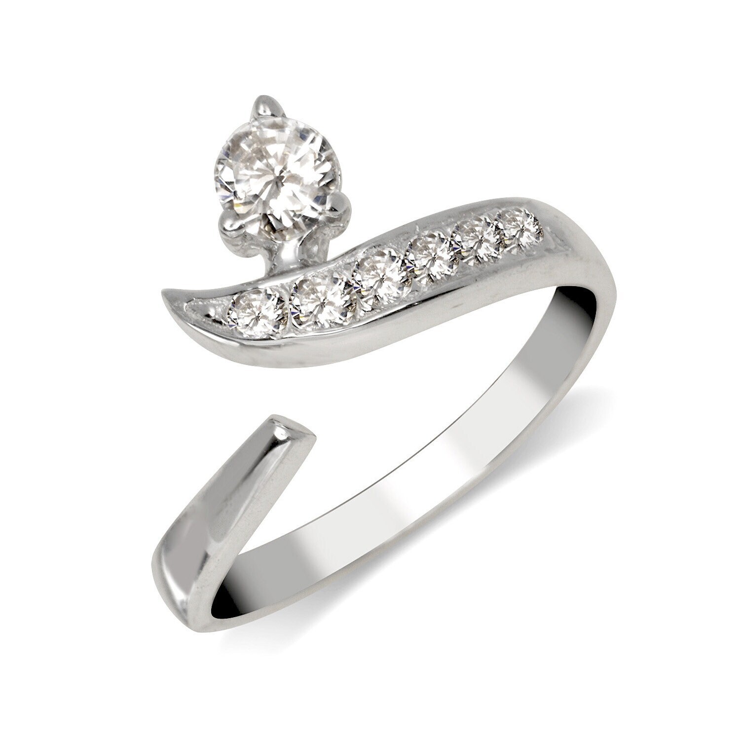 Solid 925 Sterling Silver Adjustable Modern Bypass Cubic Zirconia Toe Ring