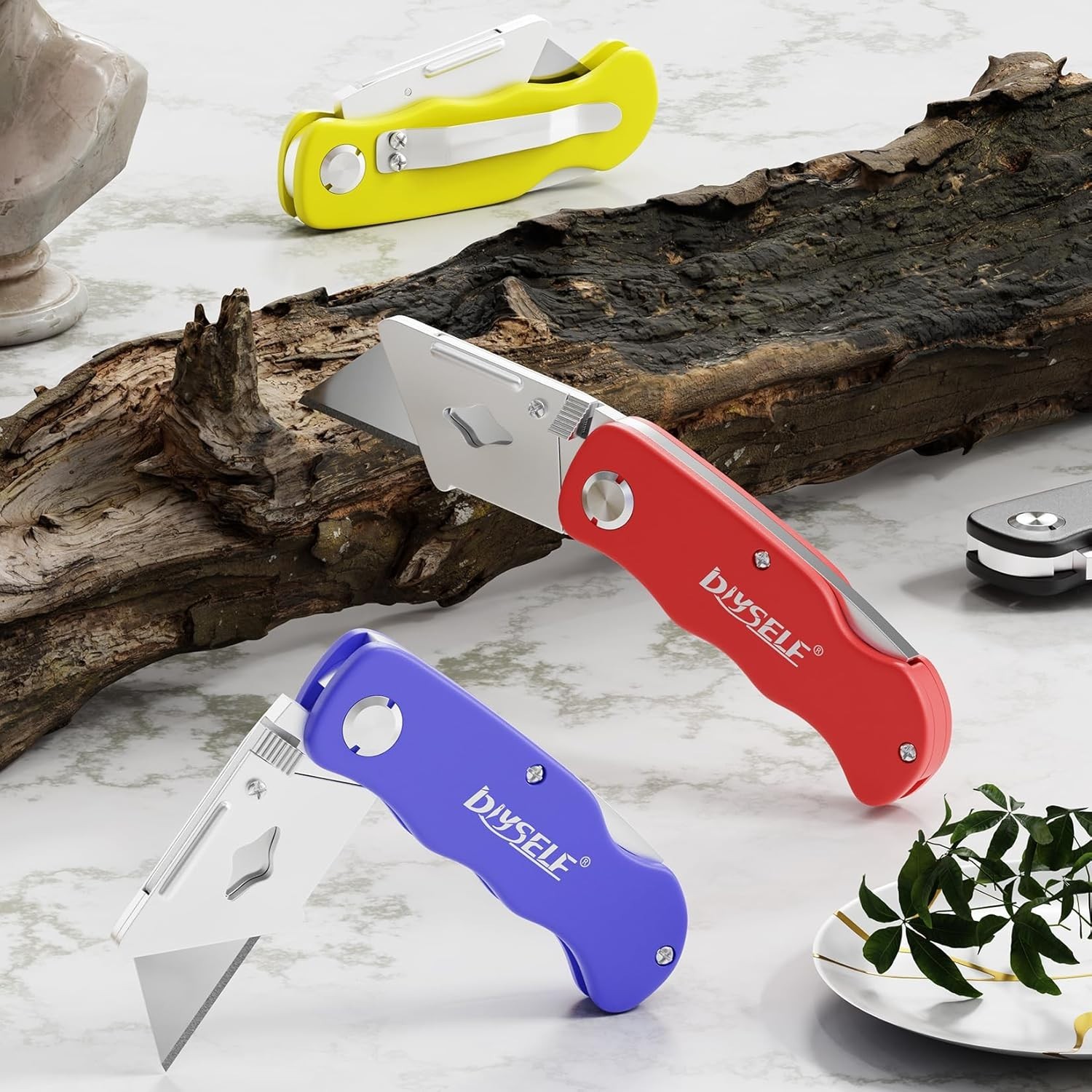4 Pack Folding Utility Knife Box Cutter Razor Blade Set with 10 Extra Blades