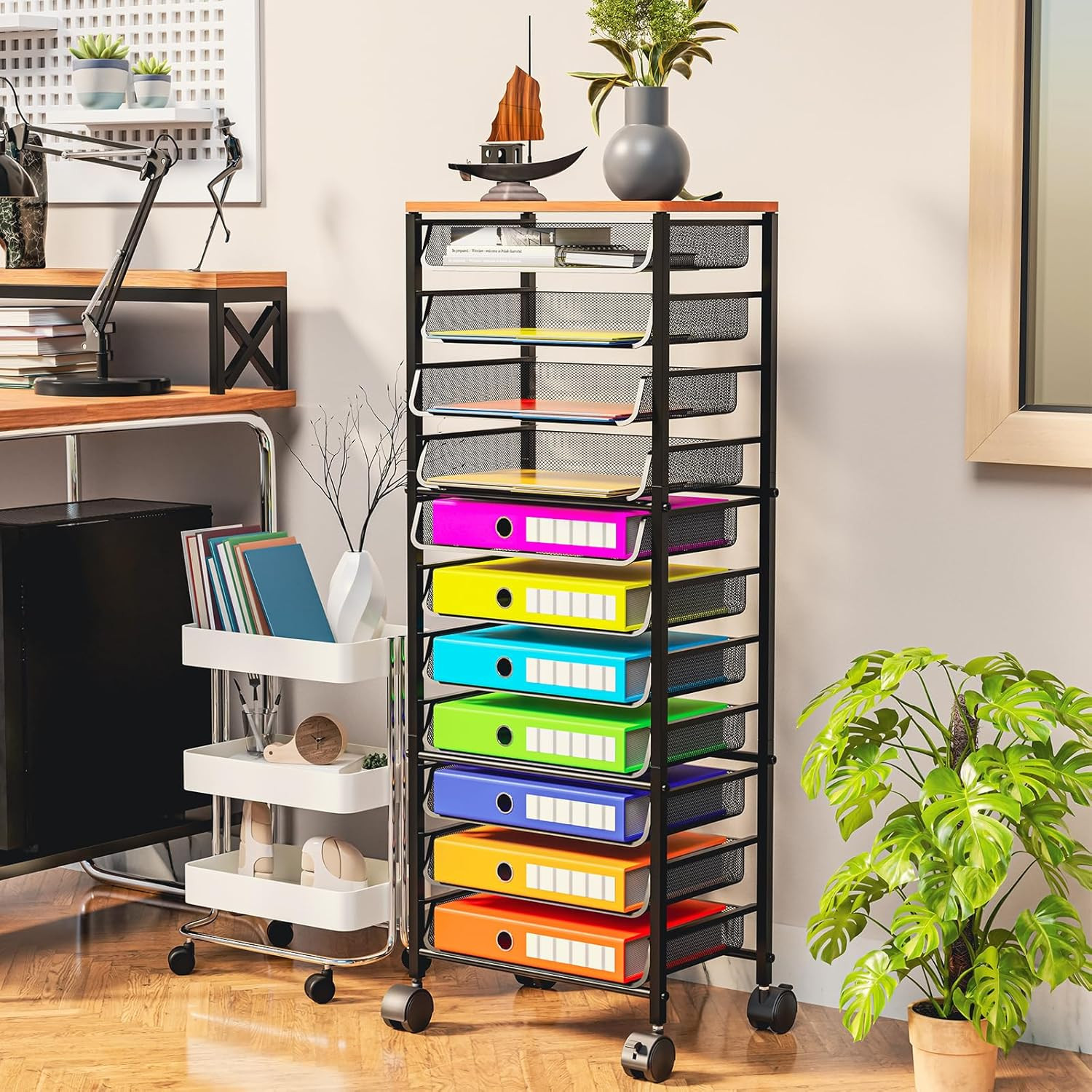 12-Tier Rolling File Cart - Multi-Functional Desk Organizer with Sliding Trays