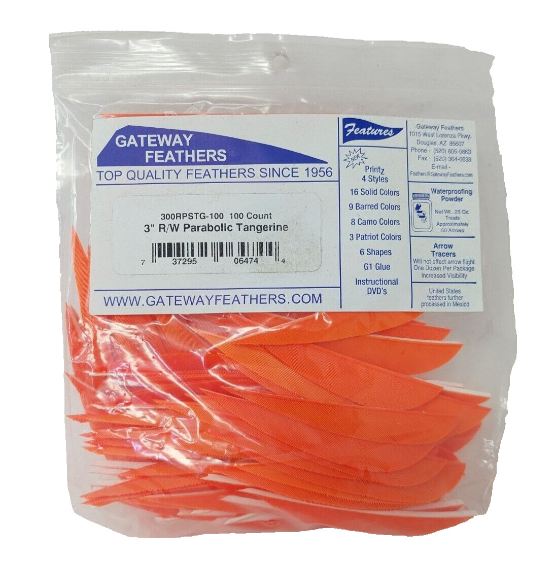 100 Pack Gateway Feathers 3" Right Wing: Parabolic Tangerine Orange 300RPSTG-100