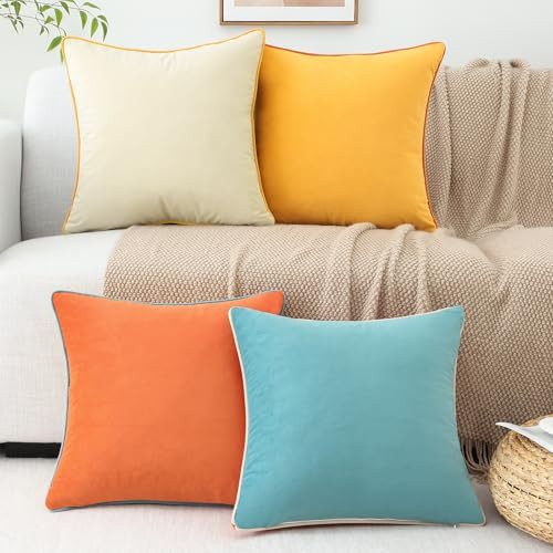 Soft Velvet Throw Pillow Covers 18x18 inch 18" x 18" (Pack of 4) Orange/Yellow