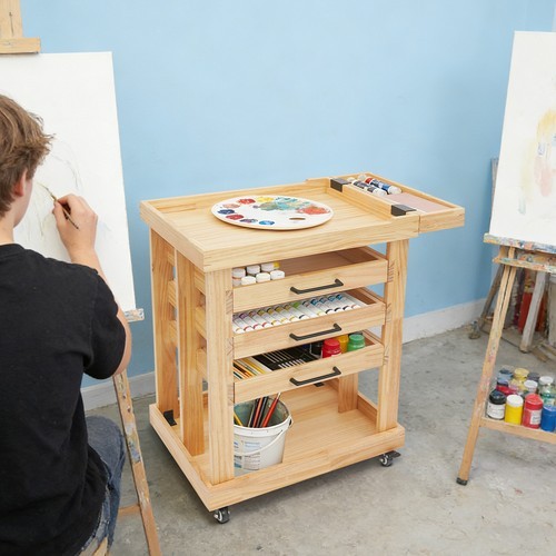 Art Supplies Storage Cart 5-Tier Pine Wood Rolling Cart Painting Cart