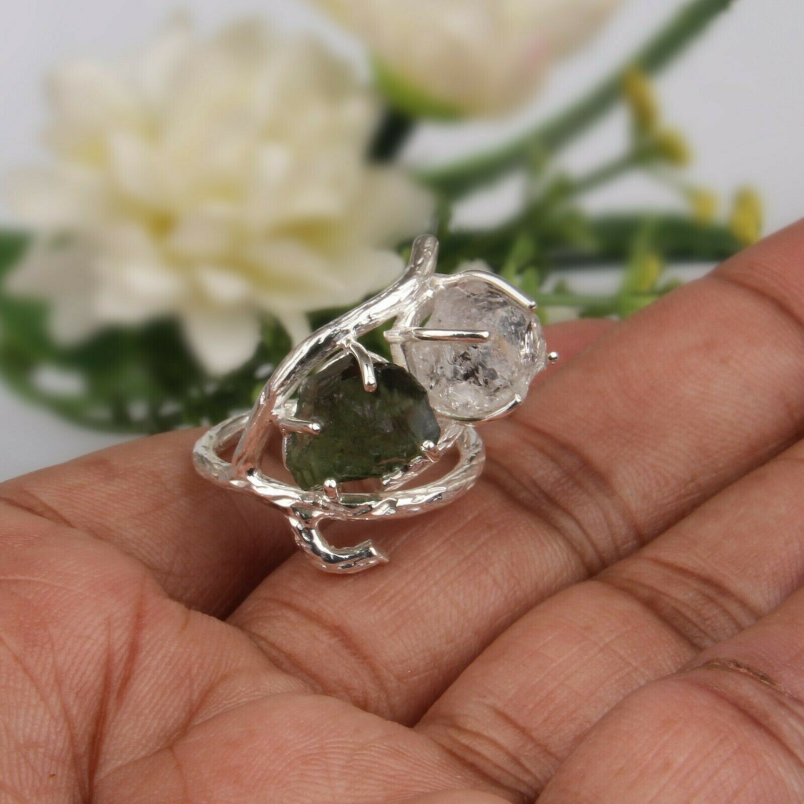 Raw Authentic Czech MOLDAVITE Ring 925 Sterling Silver Handmade Branch Ring