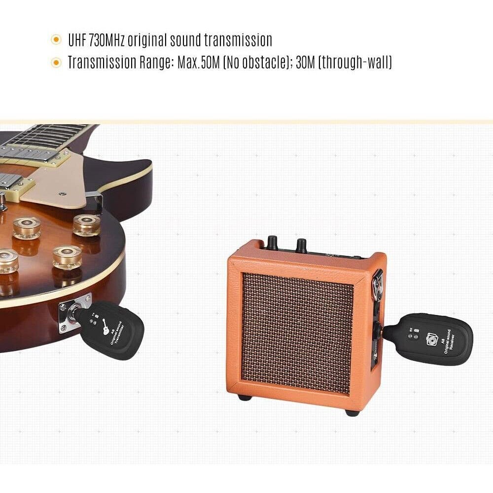 UHF Guitar Wireless System Transmitter+Receiver Built In Rechargeable Battery