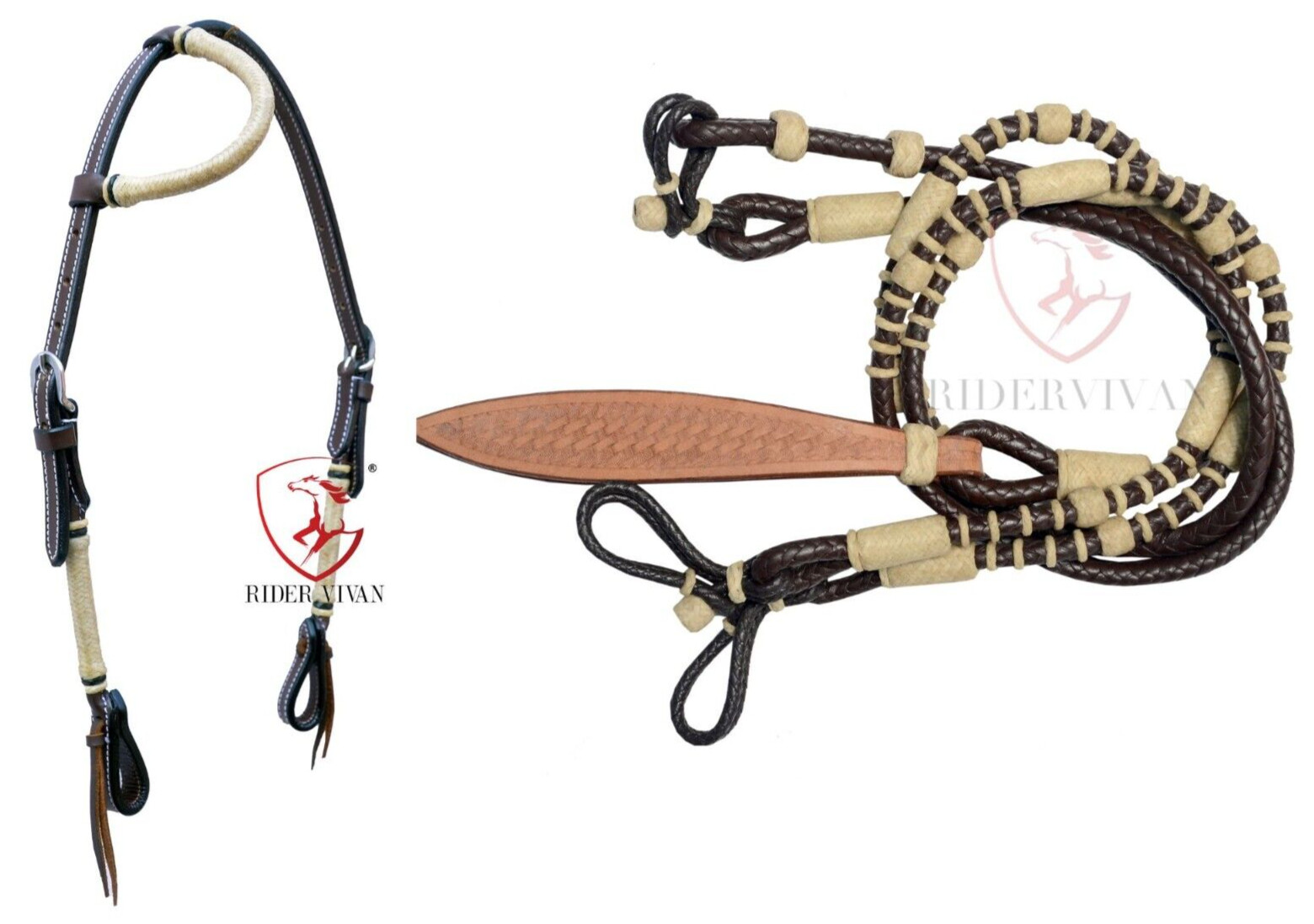 Romal Reins With One Ear Headstall, Romal Reins 10 Plaits, Romal Reins 55"