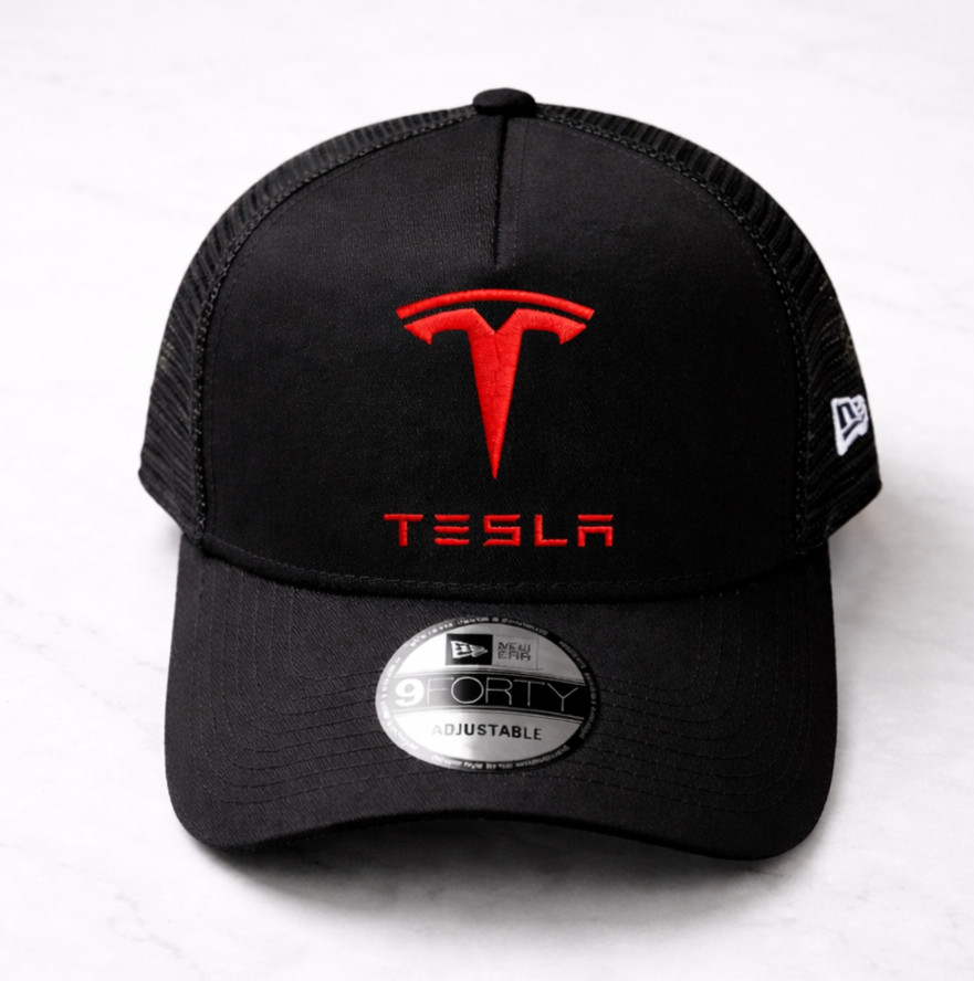 Tesla Red logo Trucker Hat, New Era Black Mesh Unisex Cap, Embroidered Logo Hat