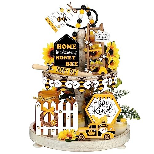20 Pcs Summer Honey Bee Tiered Tray Decor Set, Decorative Trays Sunflower