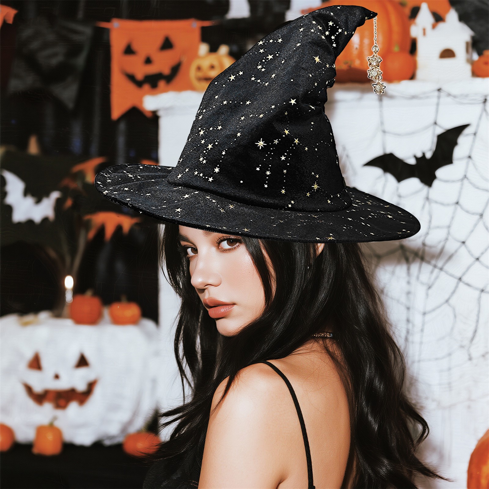 Halloween Women's Starry Night Pointed Witch Hat Accessory for Party & Cosplay