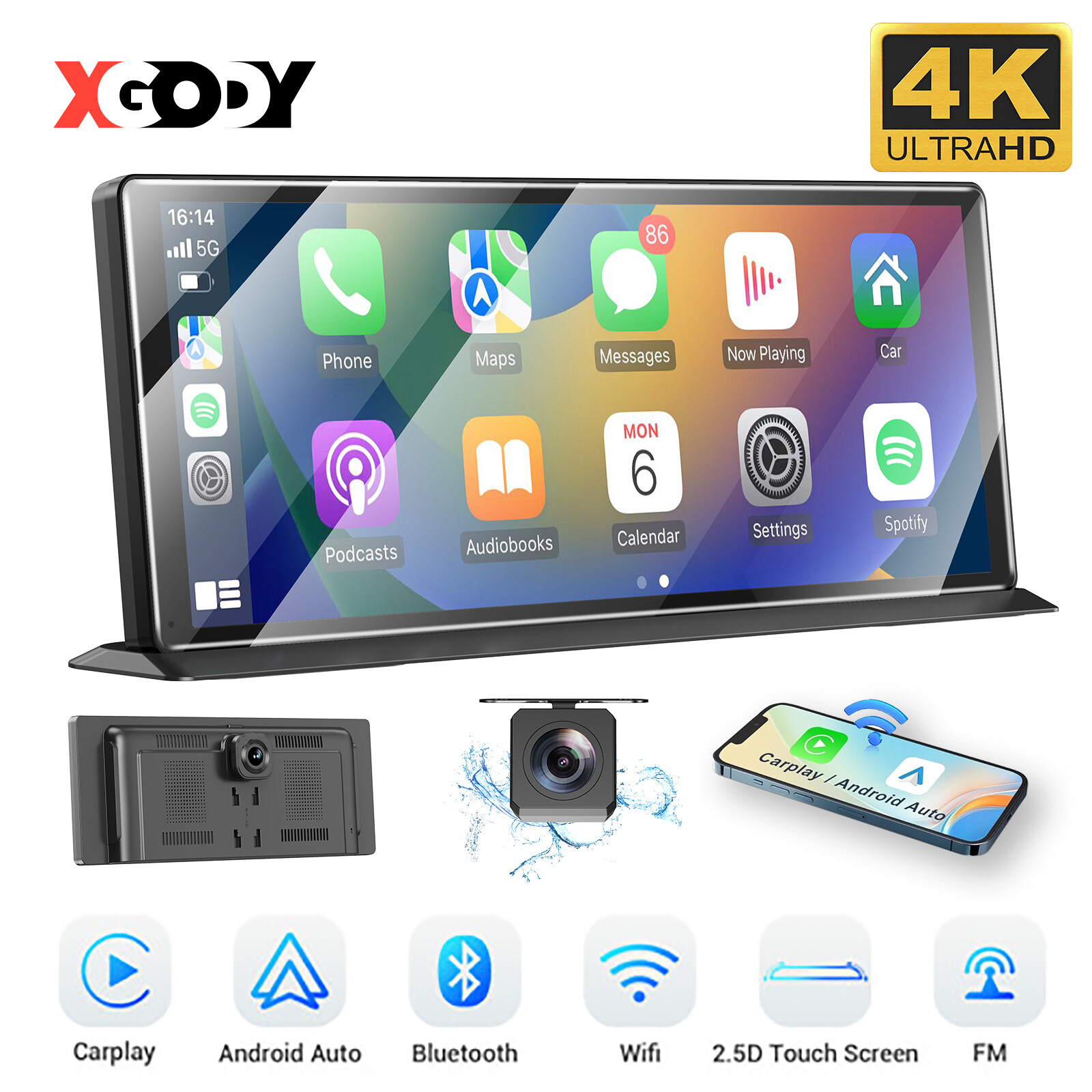 11.3" Portable Dash Cam Wireless Apple CarPlay Android Auto Car Stereo microSD
