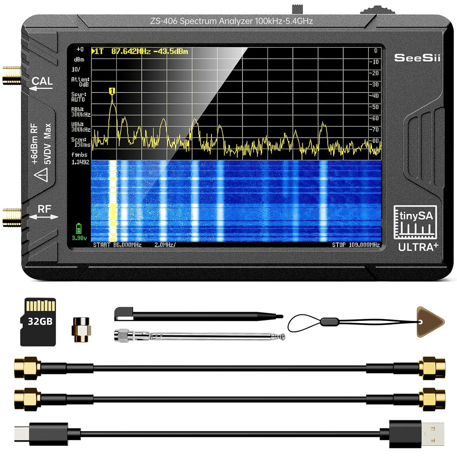 2-in-1 Signal Generator TinySA Ultra+ ZS406 100kHz to 5.4GH 4" Spectrum Analyzer