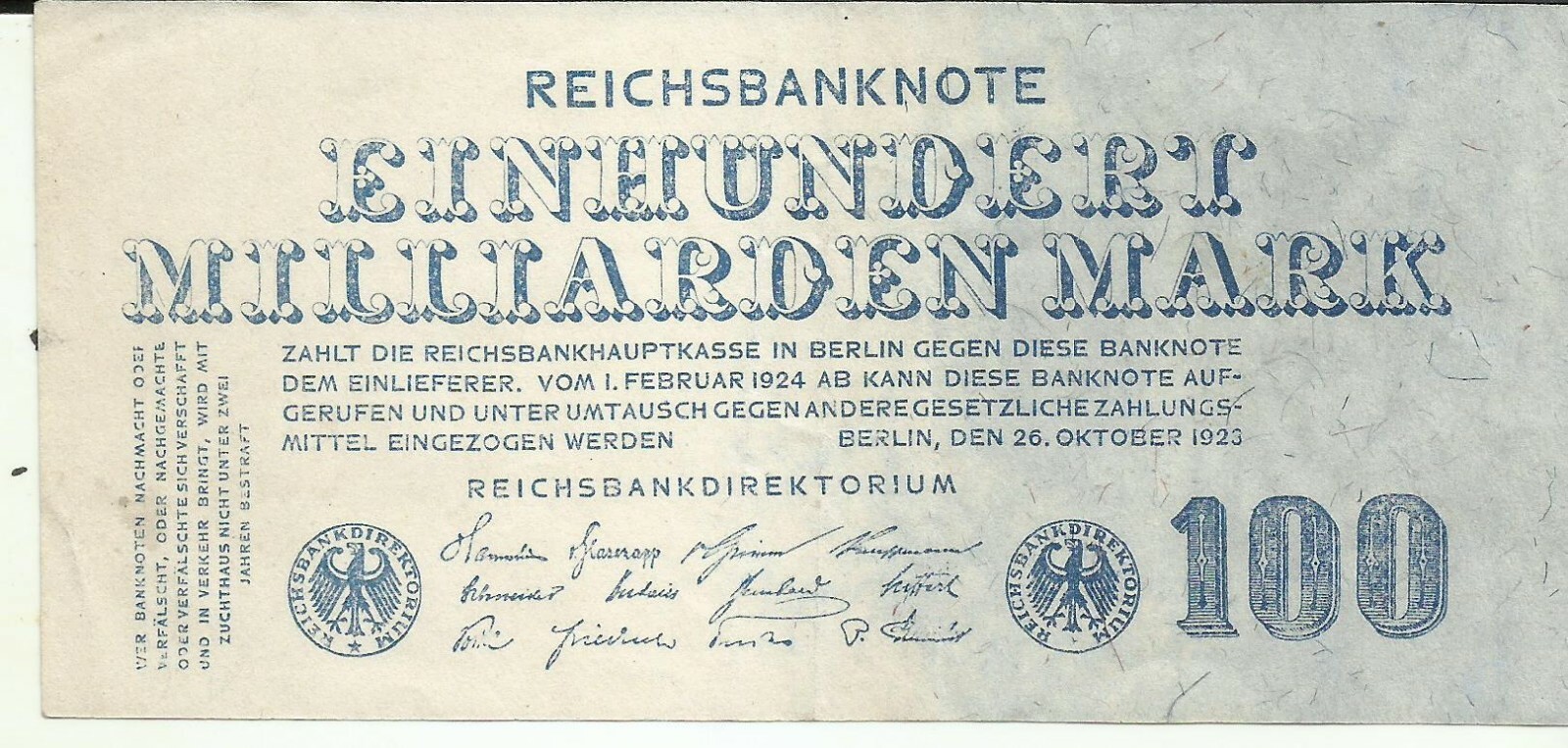 GERMANY 100 MILLIARDEN BILLION MARKS 1923 P 126. aUNC CONDITION. 8RW 28JUL