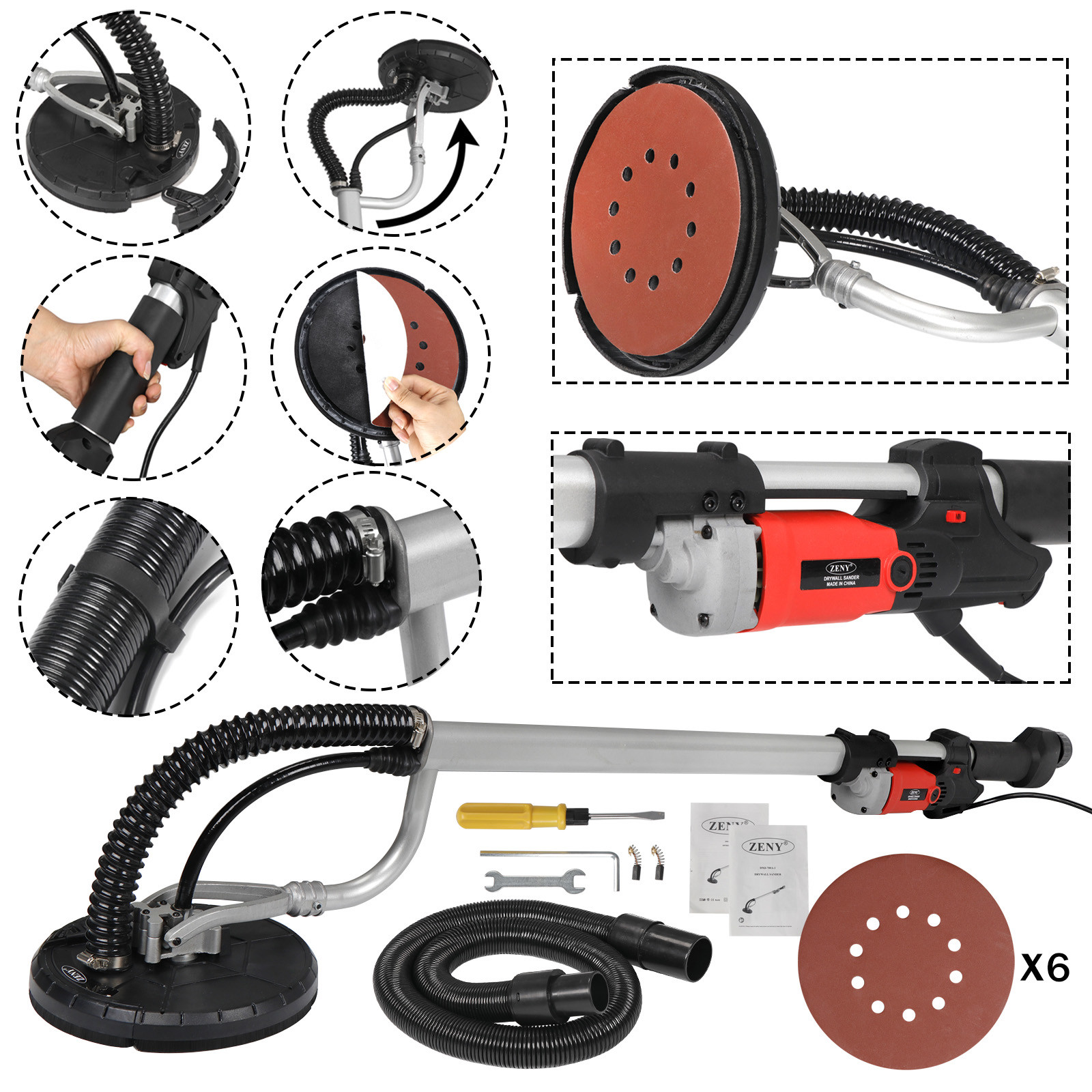 Power Drywall Sander 800W Commercial Electric Variable Speed Sanding Pad 6 Discs