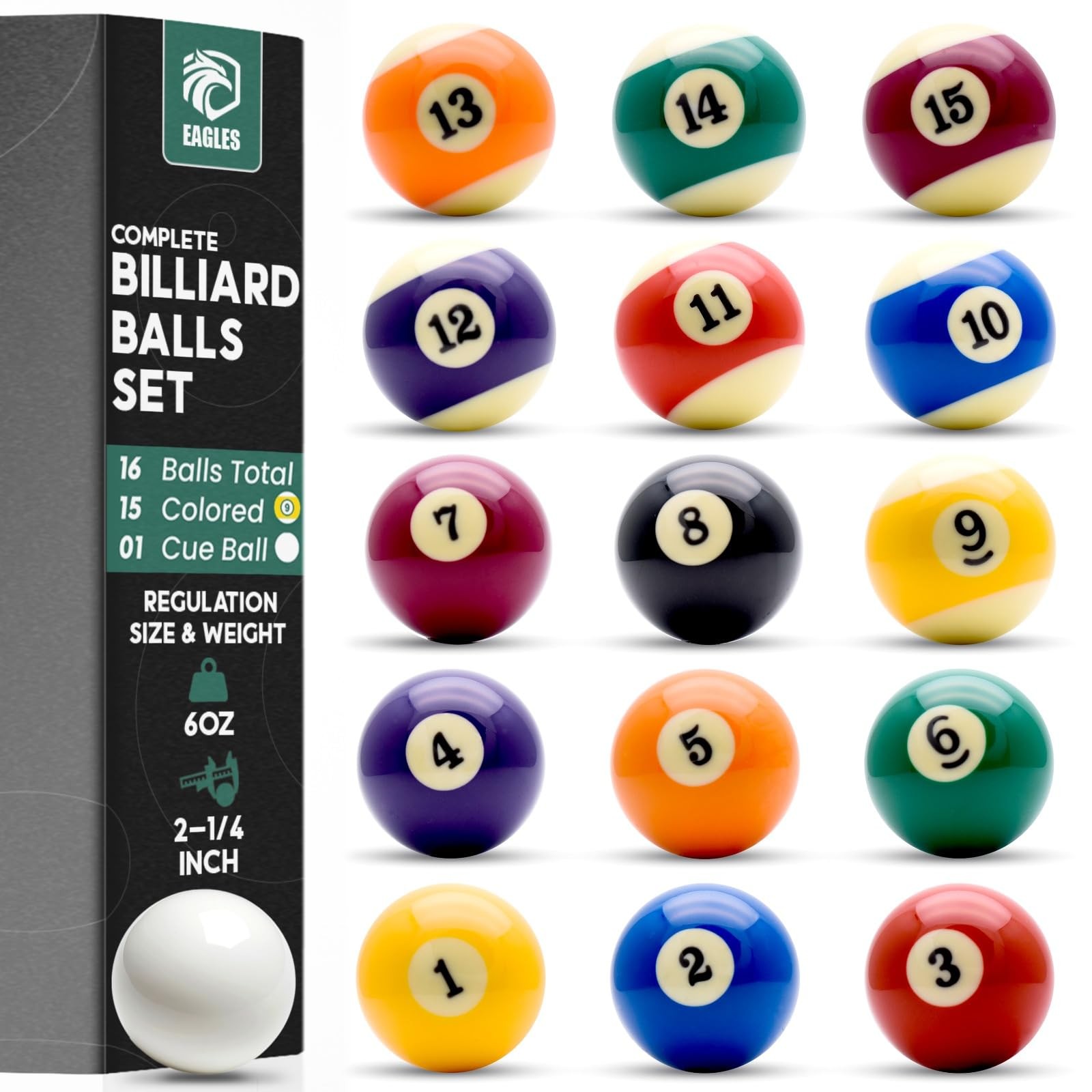 EAGLES Professional Billiard Ball Set – 2-1/4" 16 Balls, Multicolor