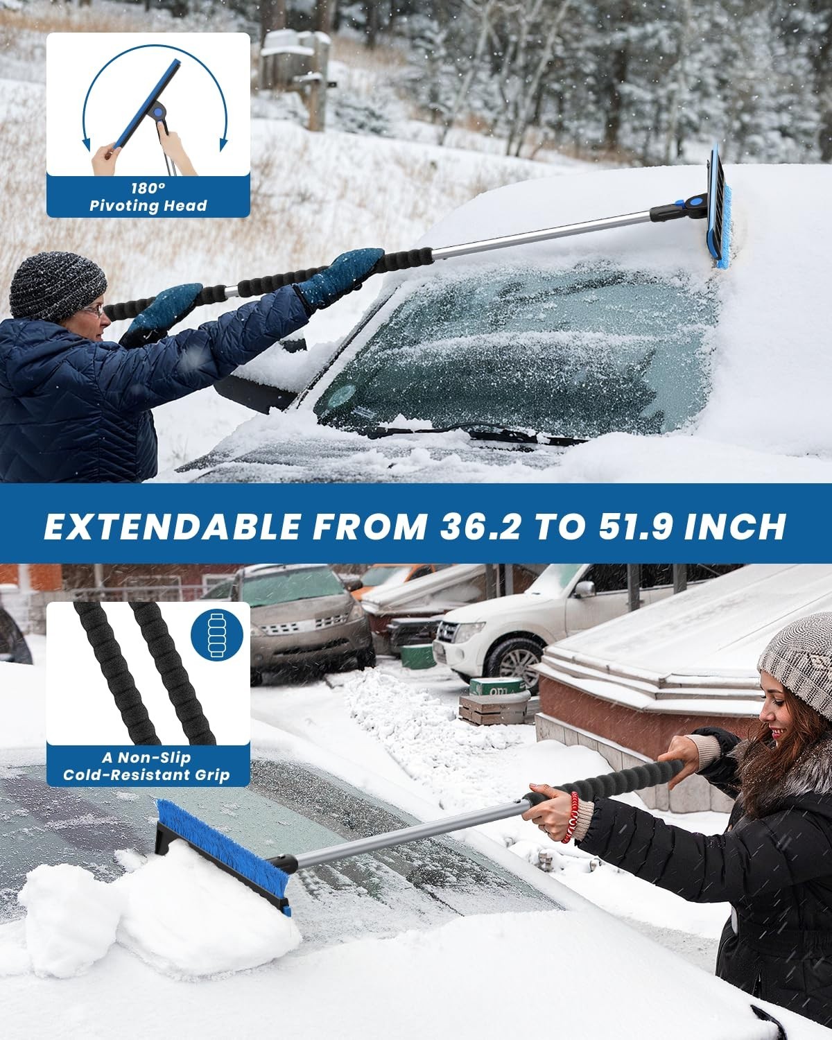 55.7" Snow Brush & Ice Scraper for Car Windshield - Extra Long, Foam Grip, Pivot
