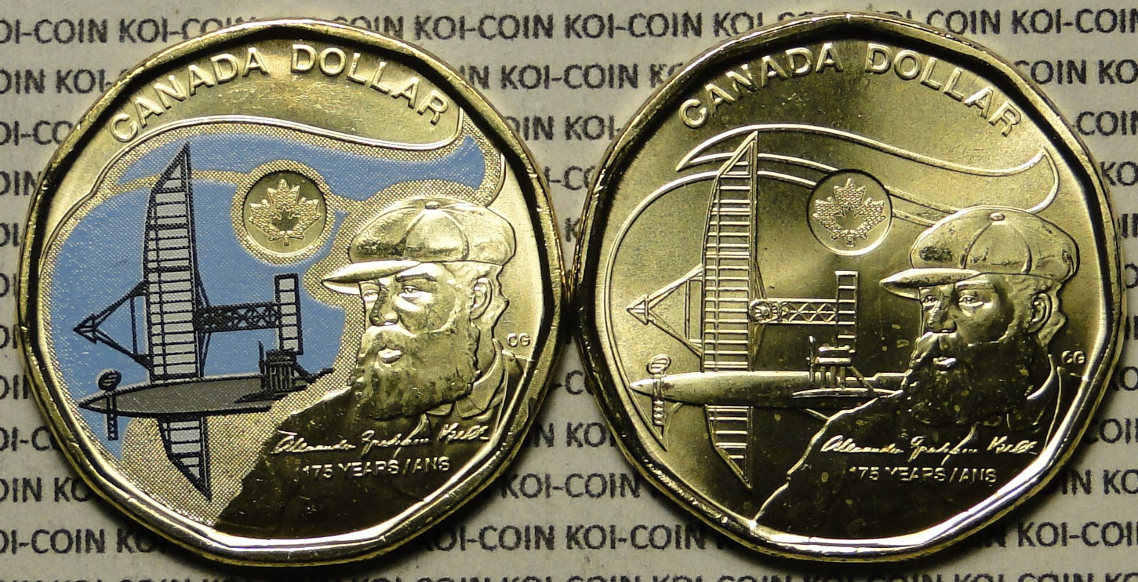 BU 2x Canada 2022 Alexander Graham Bell colored & plain $1 dollar loonie coin
