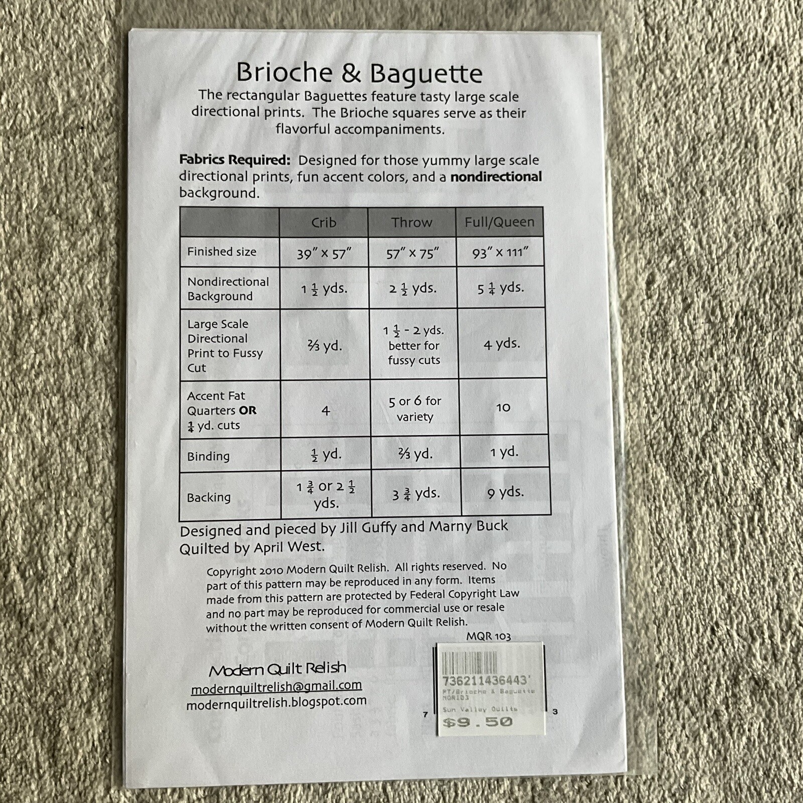 Modern Quilt RelishBrioche & Baquette Throw Crib Pattern New Uncut