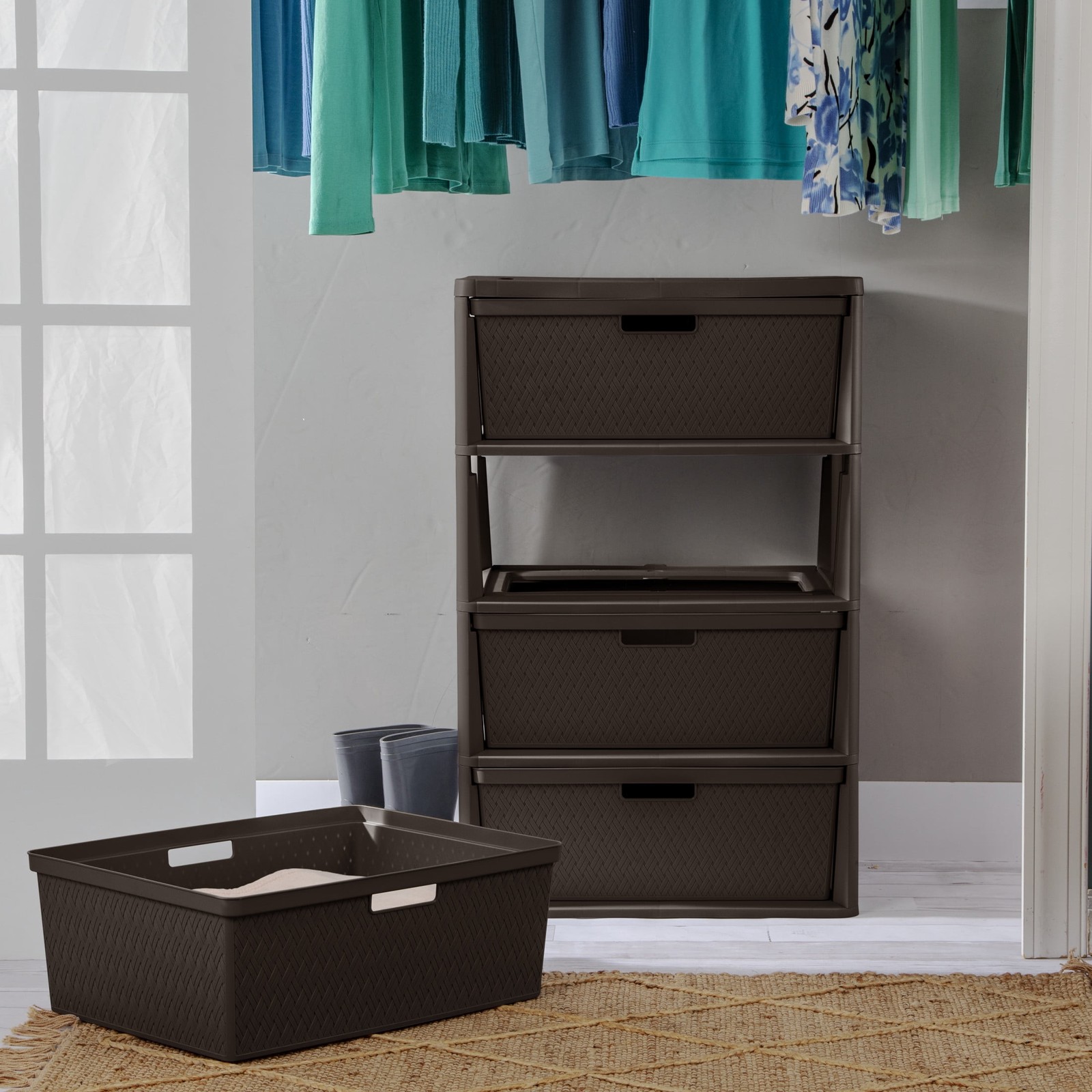 Wide 4 Drawer Tower Easy to Assemble W/ Removable Decorative Cross-Weave Plastic