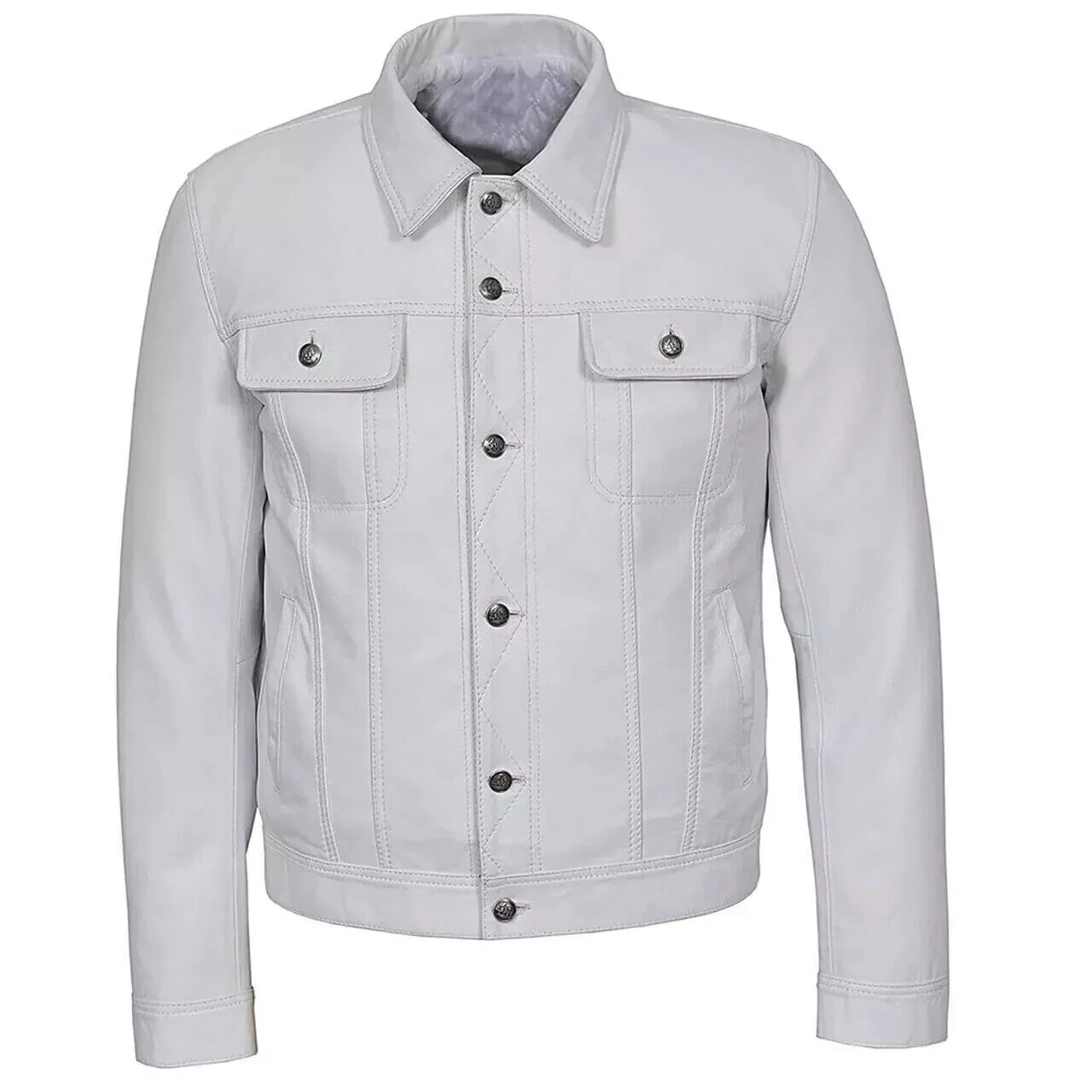 White Men's Genuine Lambskin Leather Trucker Jacket Denim Style Leather Jacket