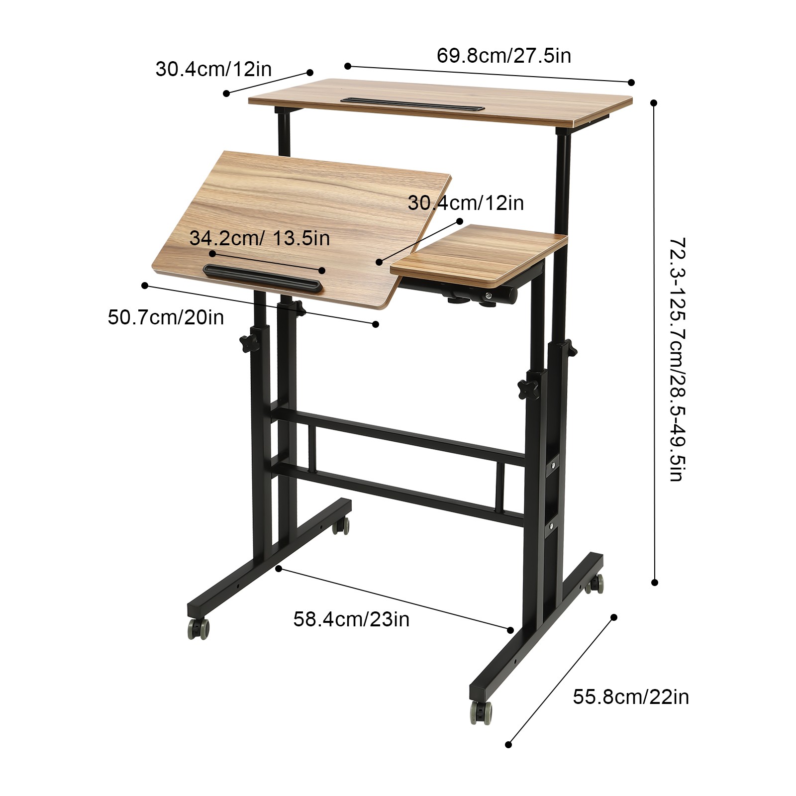 Rolling Laptop Desk Adjustable Height Computer Table Stand up Office Workstation