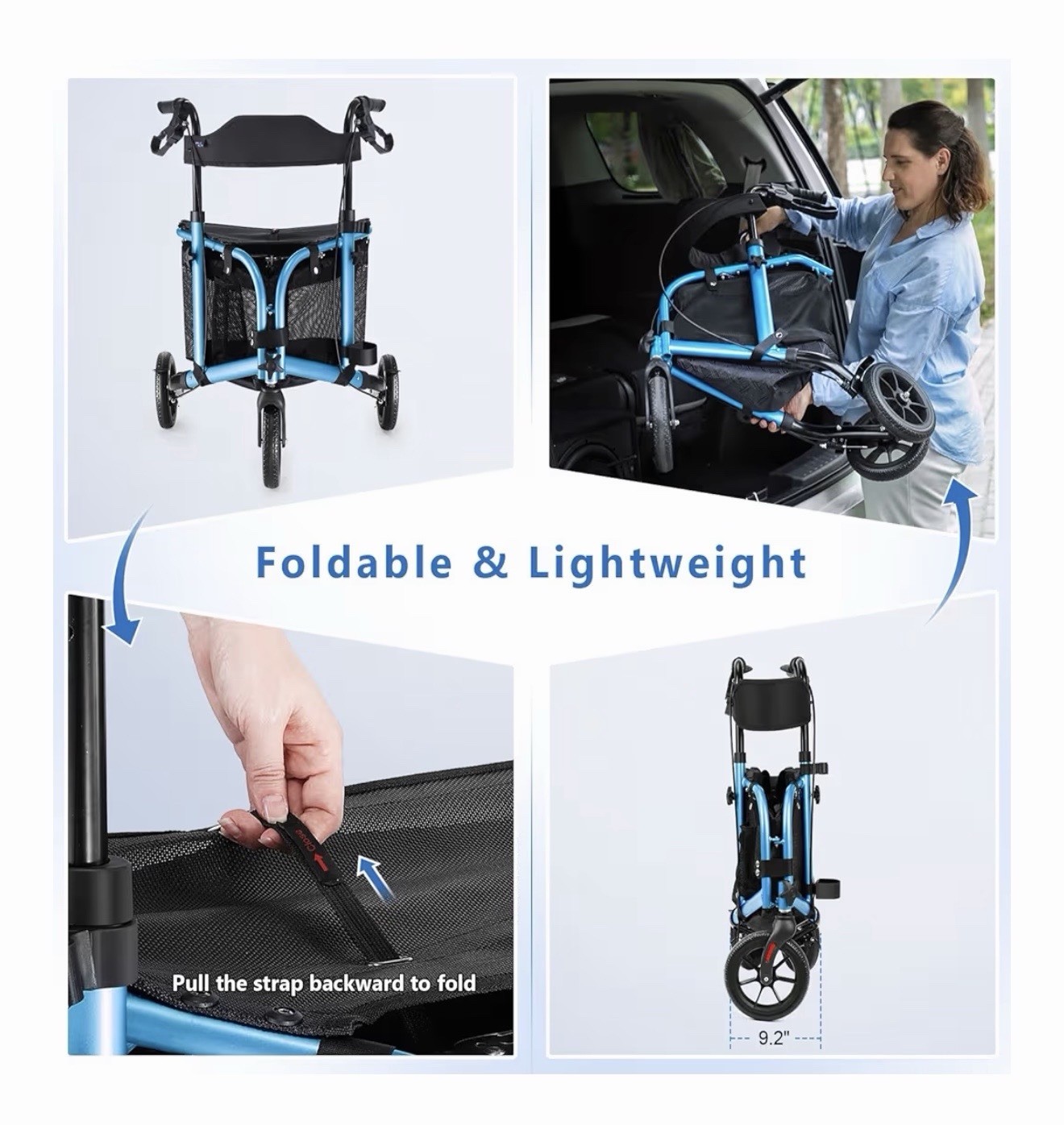 WALK MATE 3 Wheels Rollator Walker 10Lb SeatBackrest Lightweight Foldable Blue
